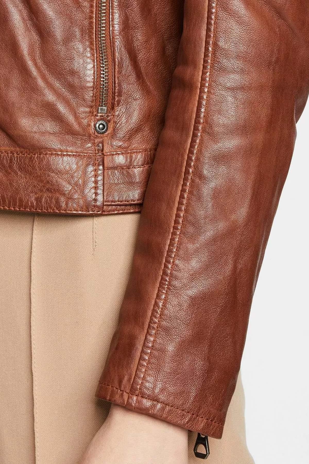 Cognac leather jacket with removable hood - Image n°5