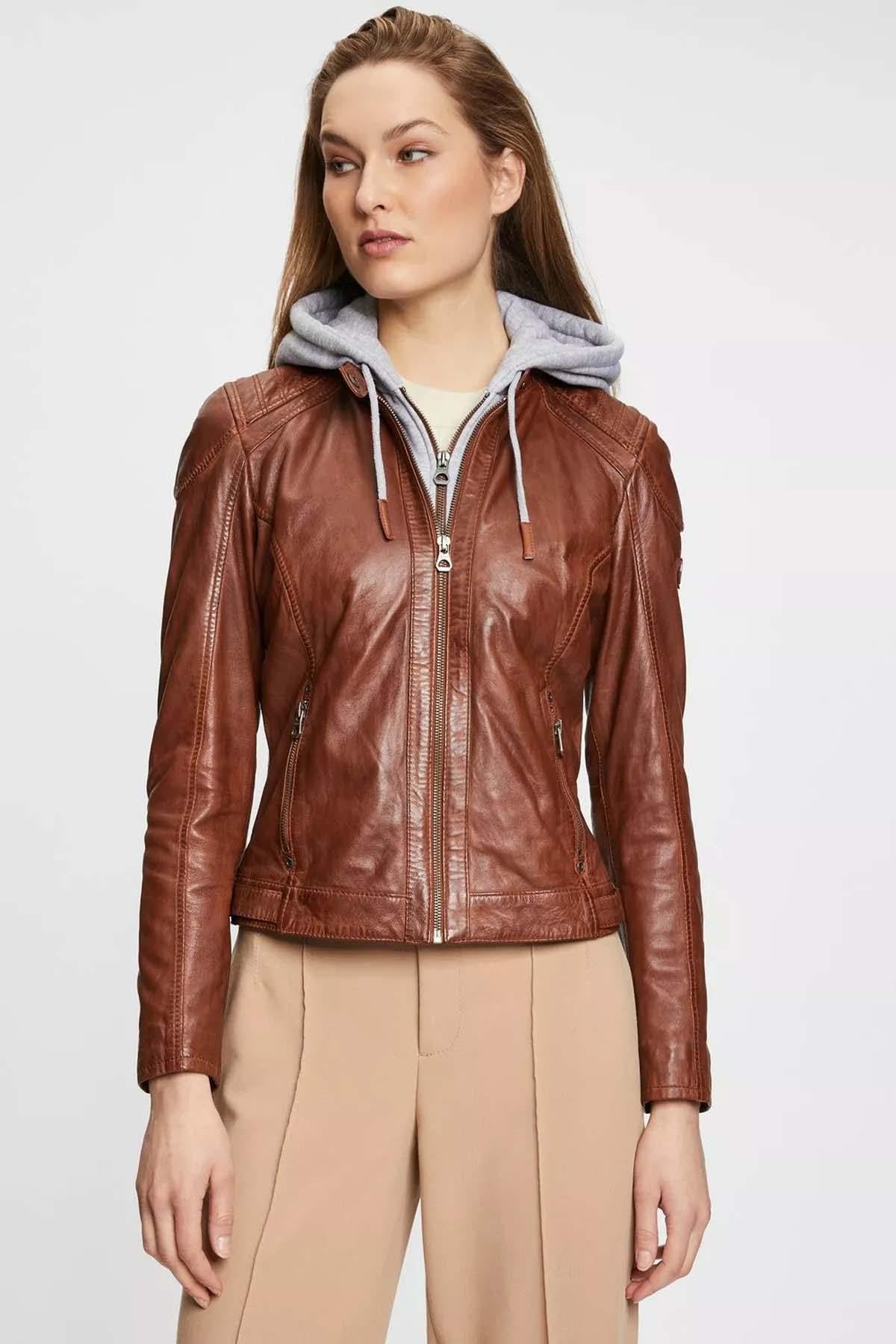 Cognac leather jacket with removable hood - Image n°1