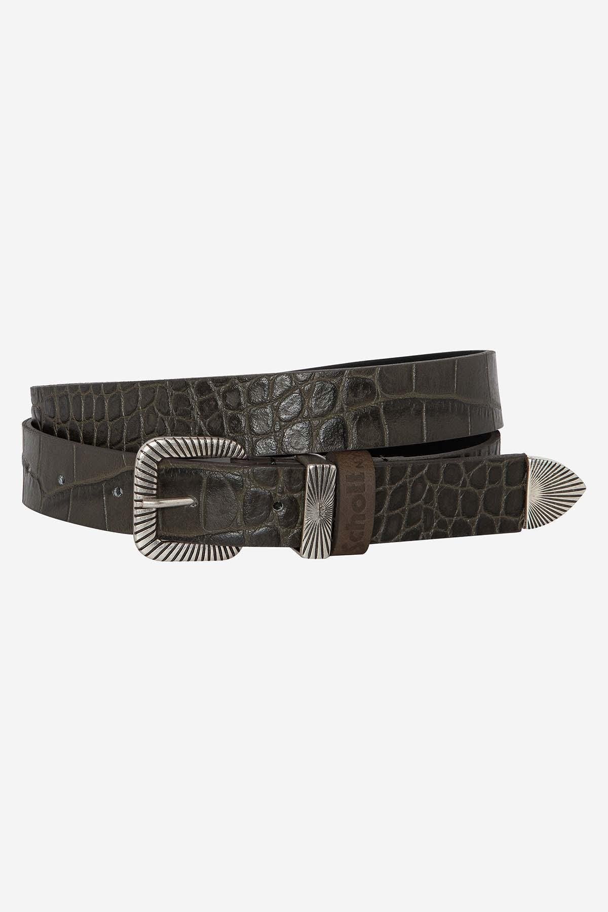 Vintage khaki crocodile effect leather belt - Image n°1