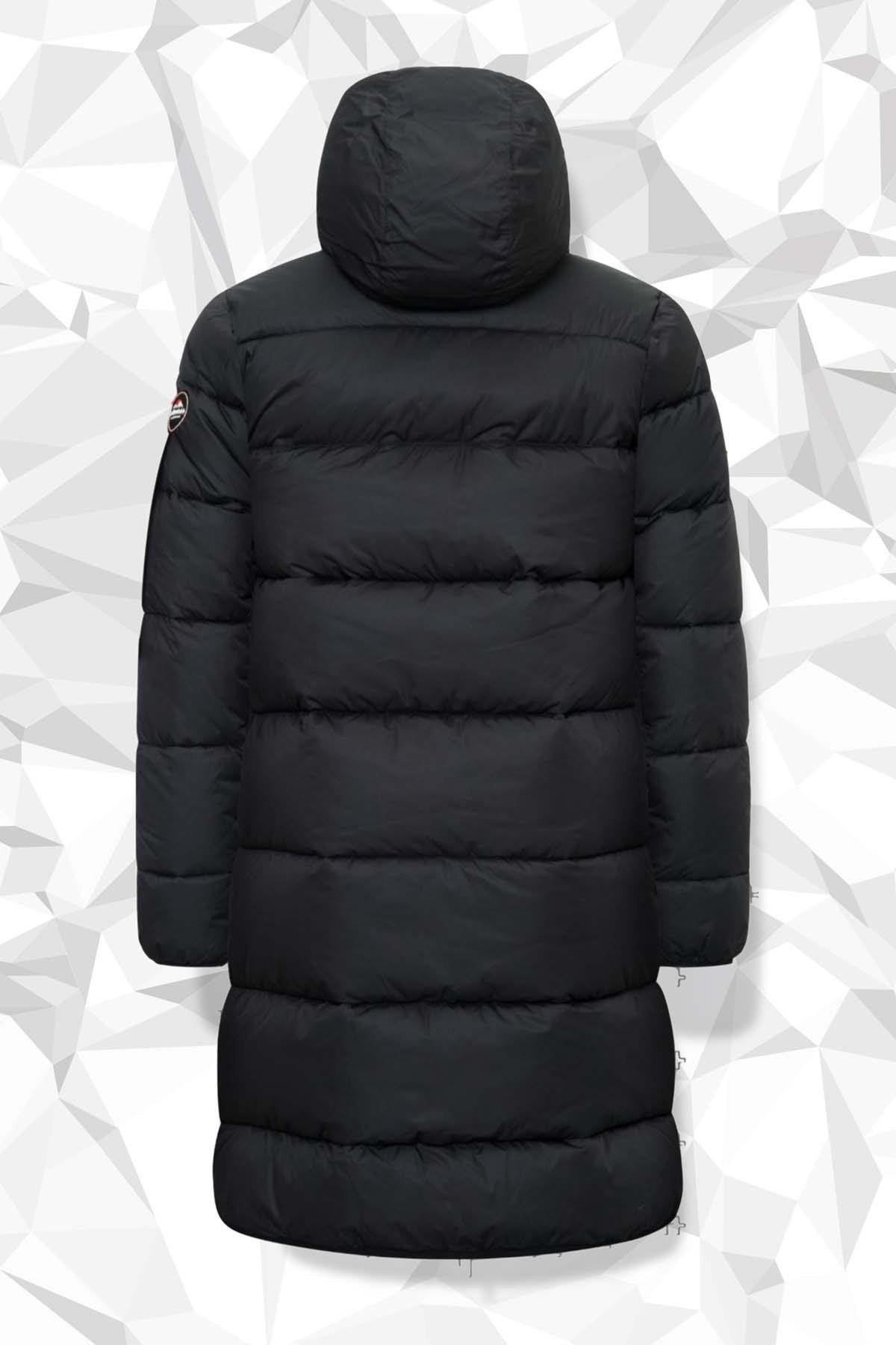 Long down jacket with black hood - Image n°8