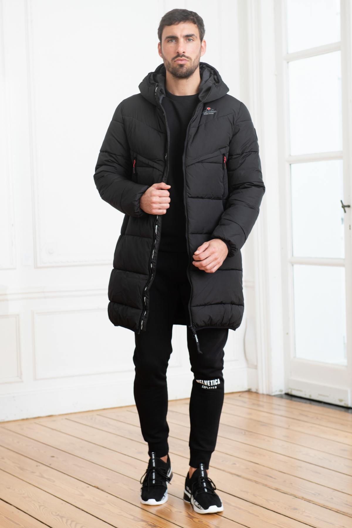 Long down jacket with black hood - Image n°4