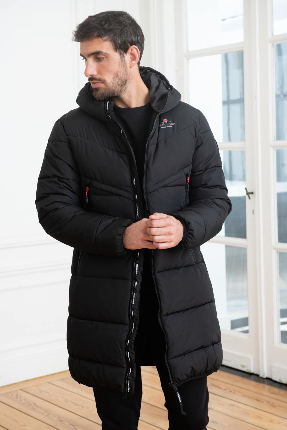 Long down jacket with black hood - Image n°3