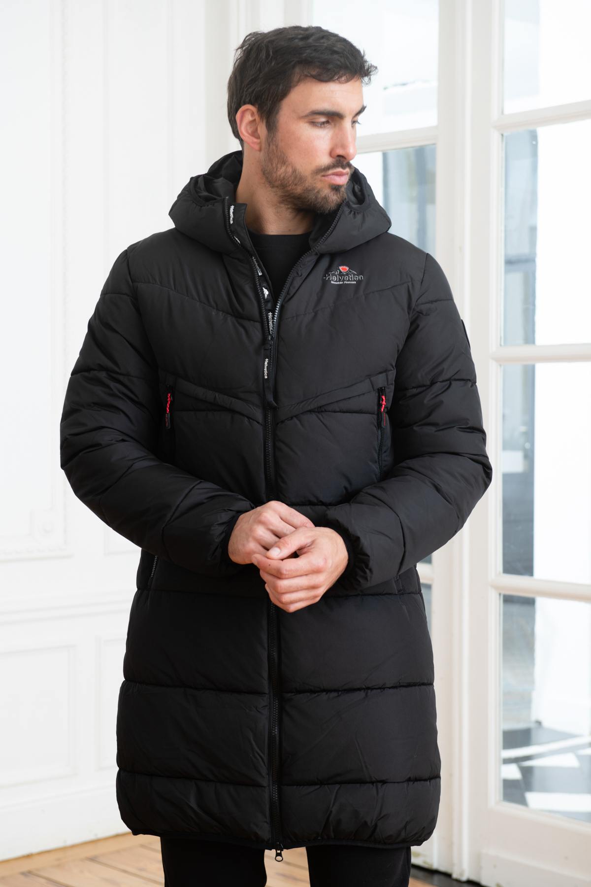 Long down jacket with black hood - Image n°5