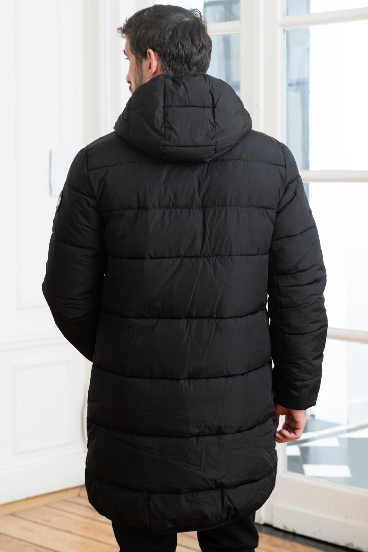 Long down jacket with black hood - Image n°7