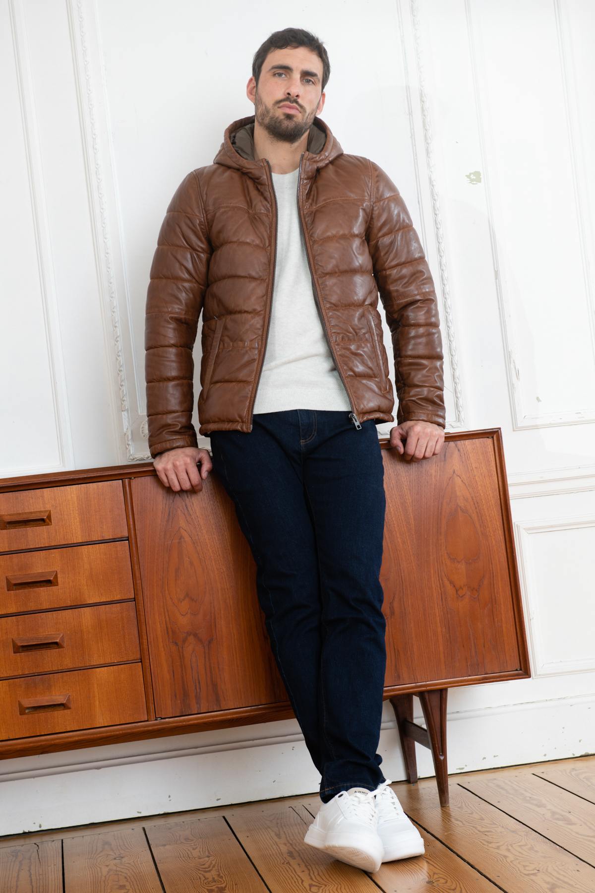 Brown sheepskin leather down jacket - Image n°2