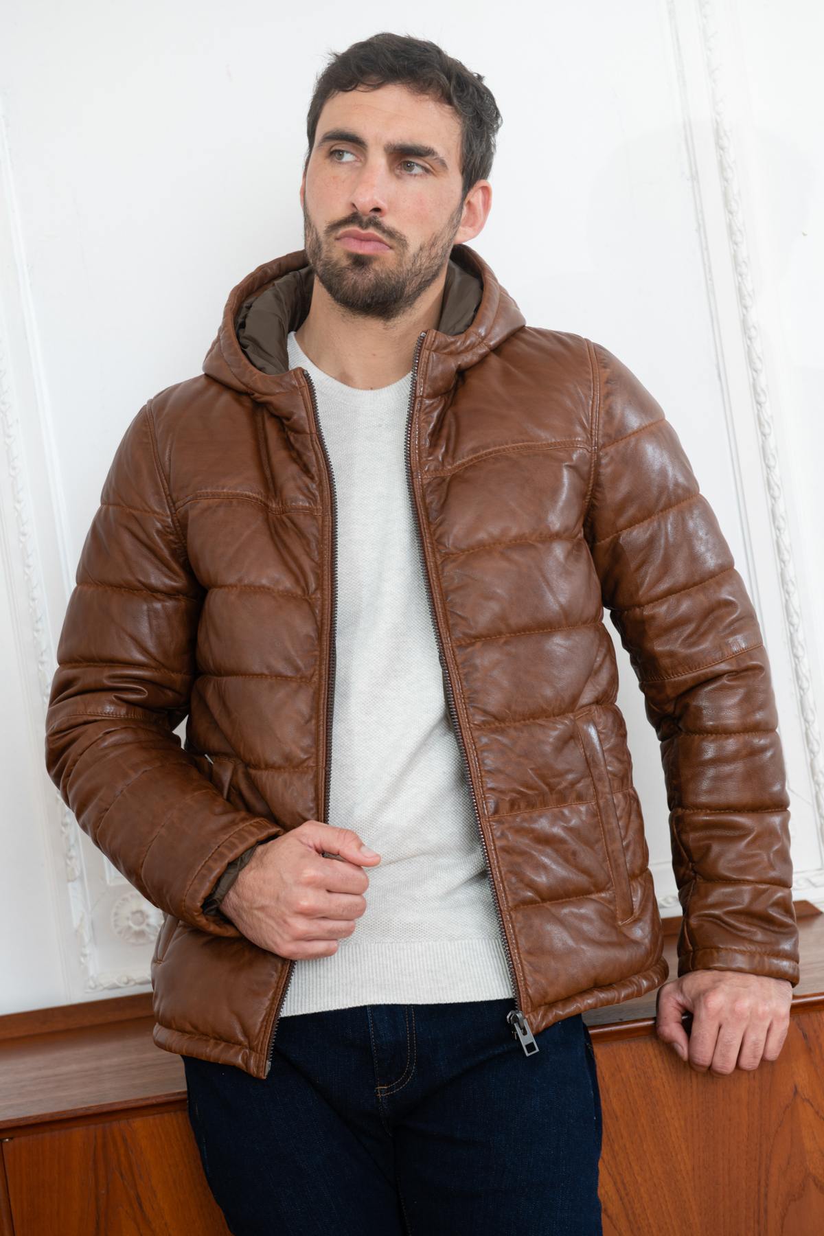 Brown sheepskin leather down jacket - Image n°1