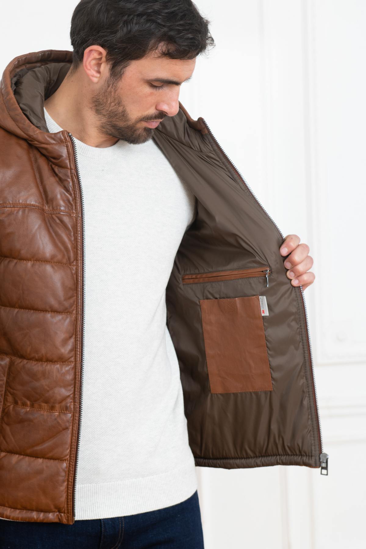 Brown sheepskin leather down jacket - Image n°4