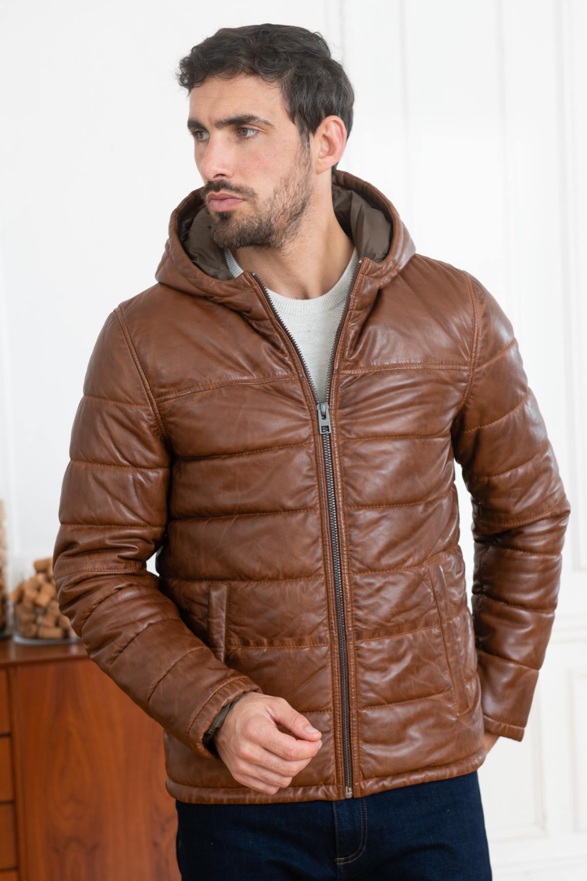 Brown sheepskin leather down jacket - Image n°3