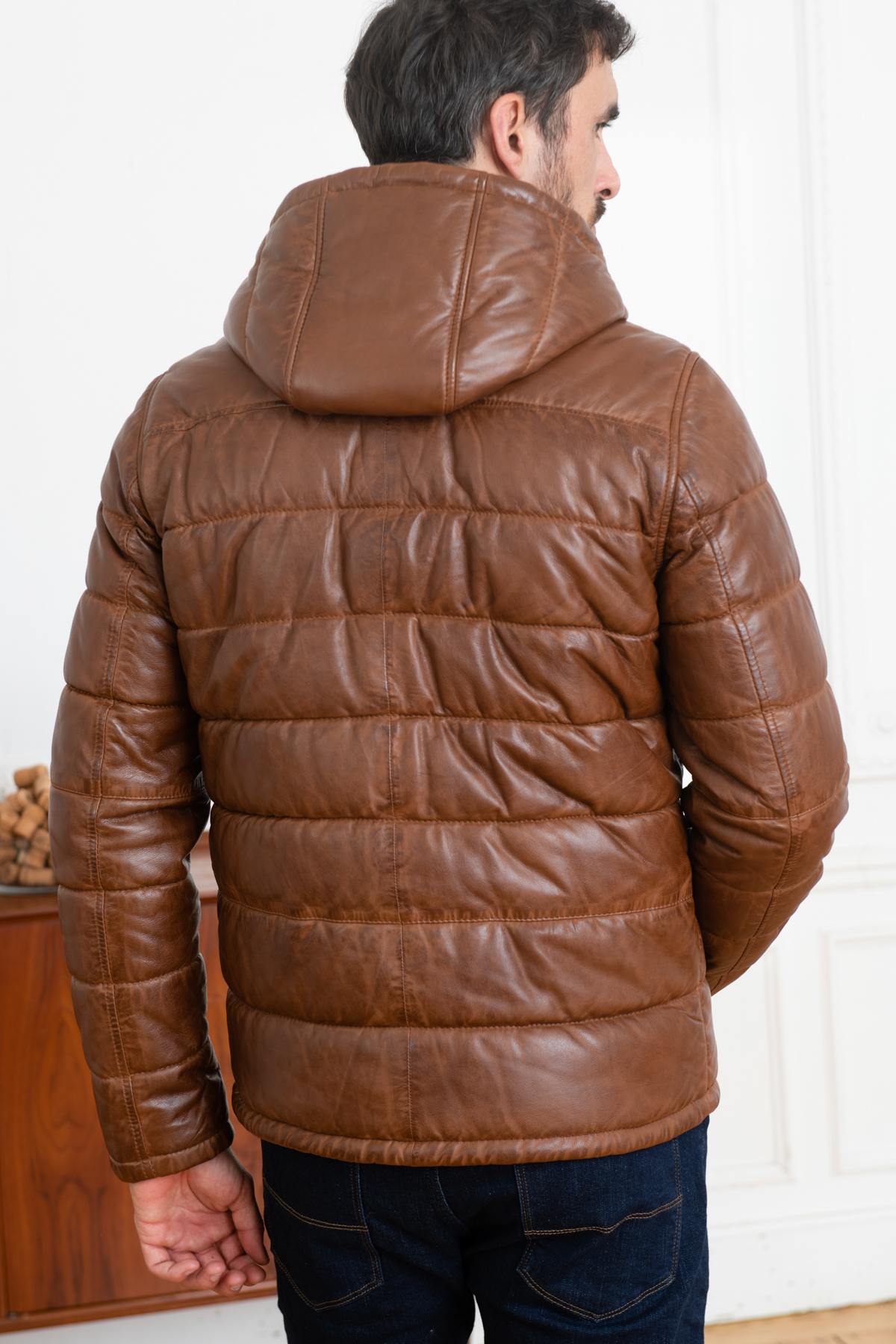 Brown sheepskin leather down jacket - Image n°5