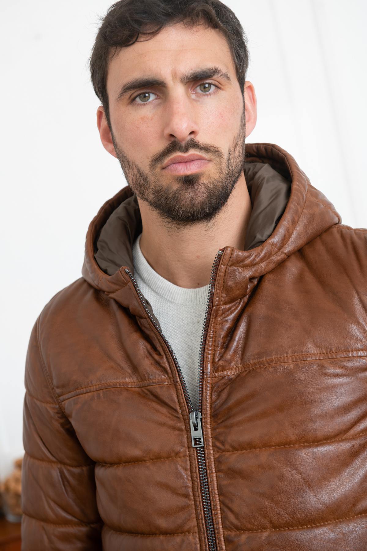 Brown sheepskin leather down jacket - Image n°6