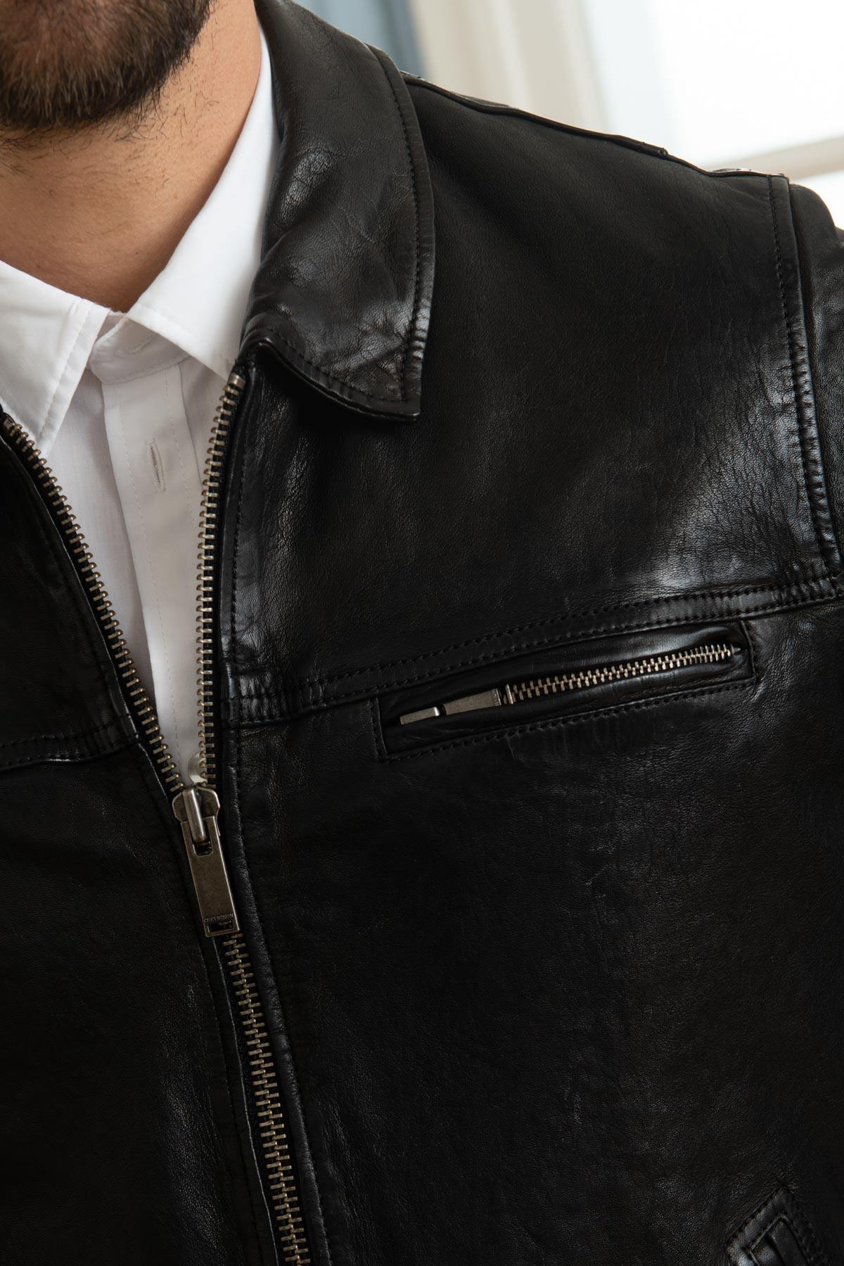 Black lambskin leather jacket with shirt collar - Image n°6