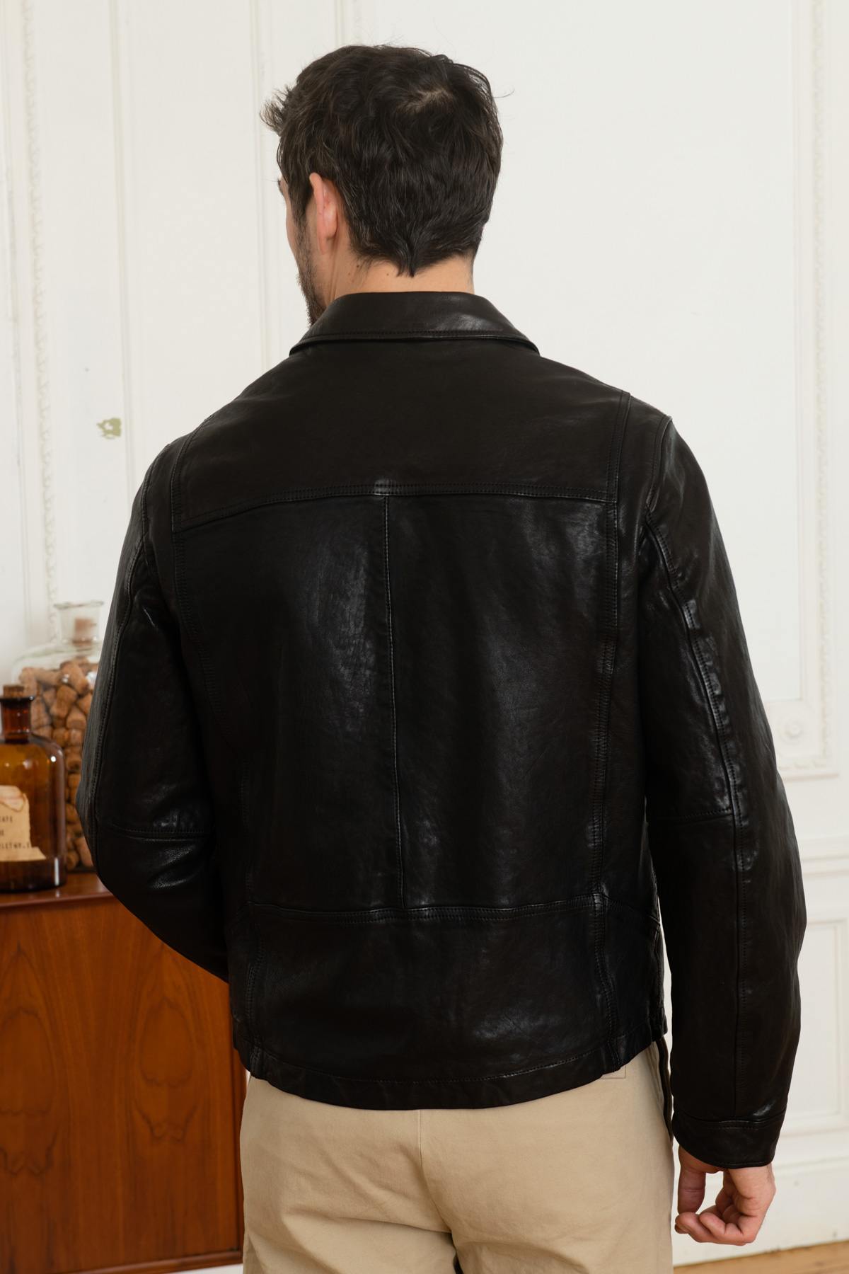 Black lambskin leather jacket with shirt collar - Image n°5