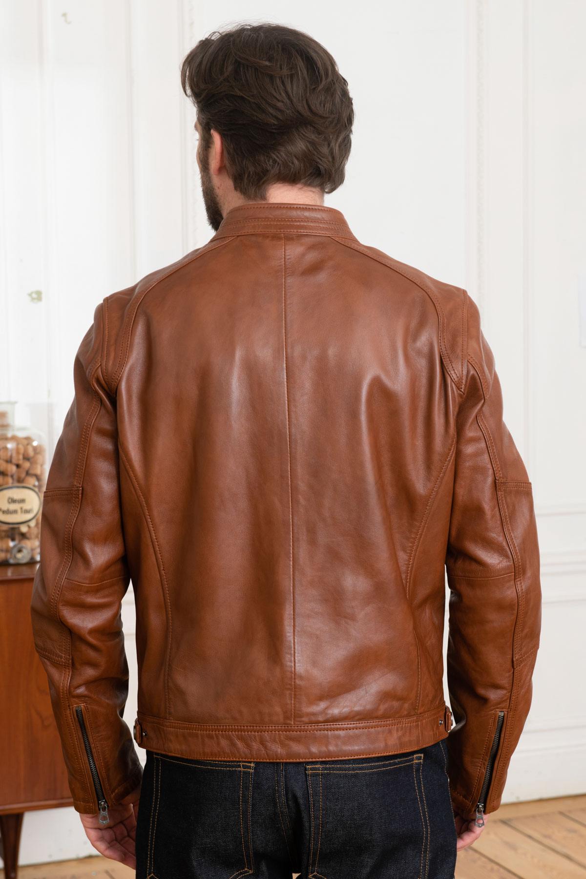 Dark cognac sheepskin leather jacket - Image n°5