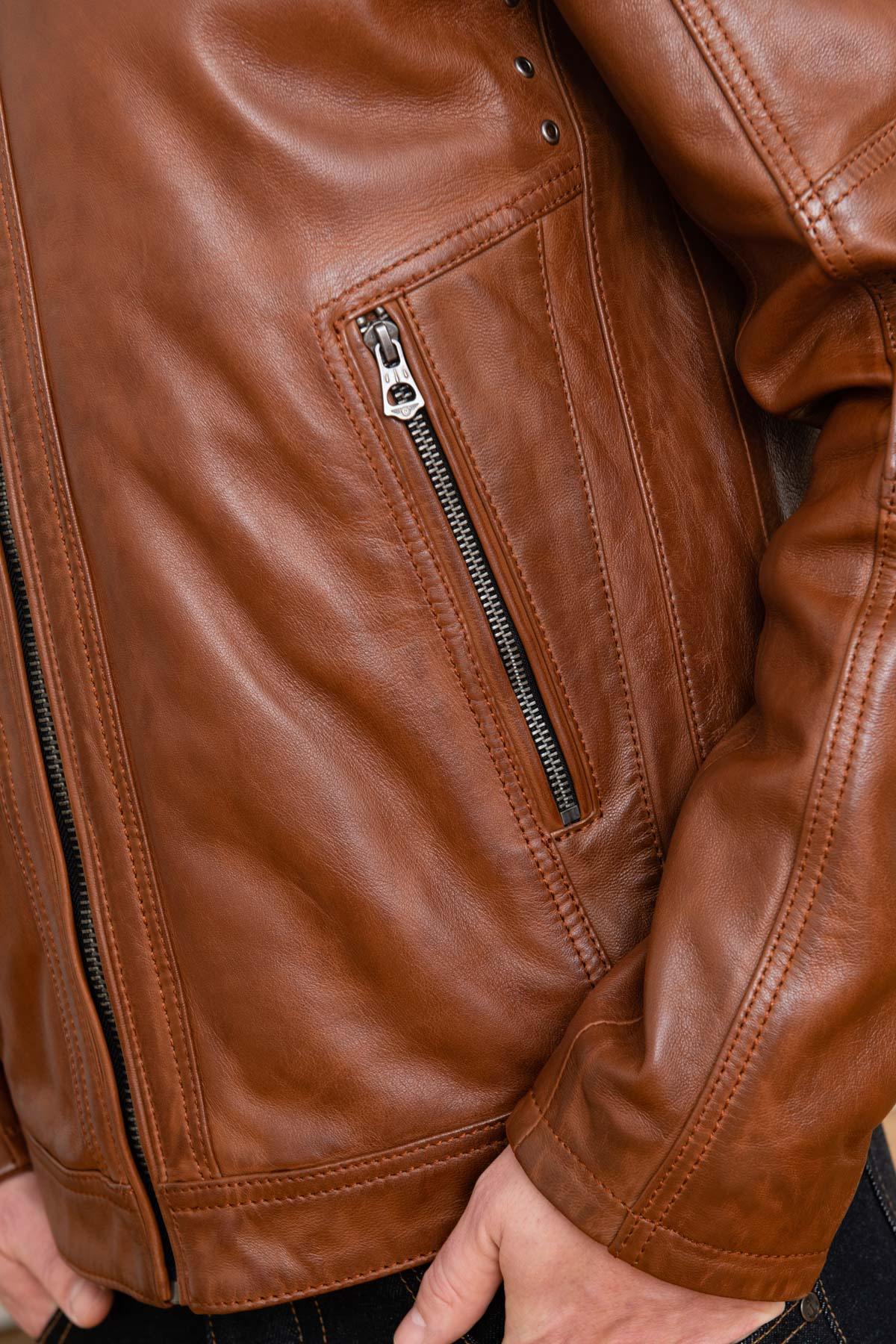 Dark cognac sheepskin leather jacket - Image n°7