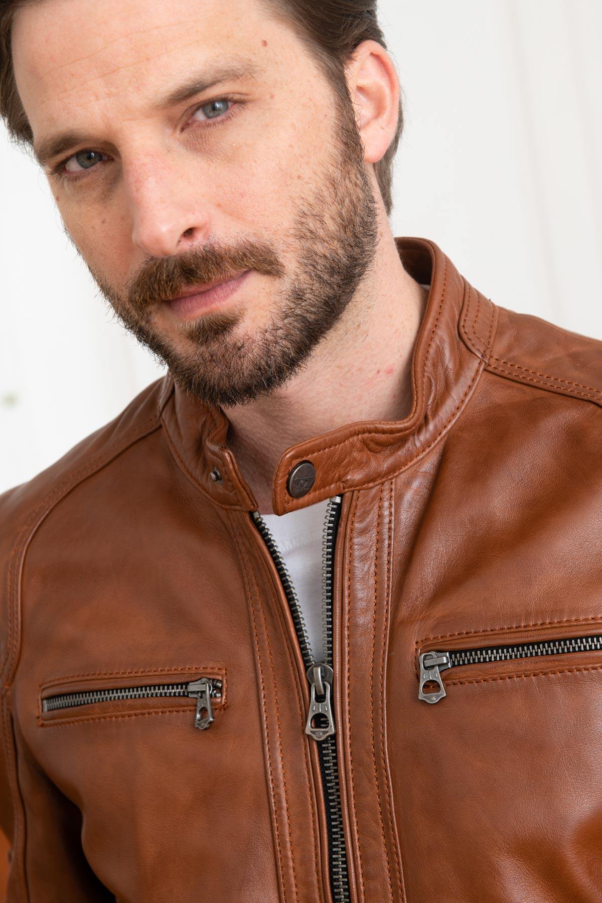 Dark cognac sheepskin leather jacket - Image n°6