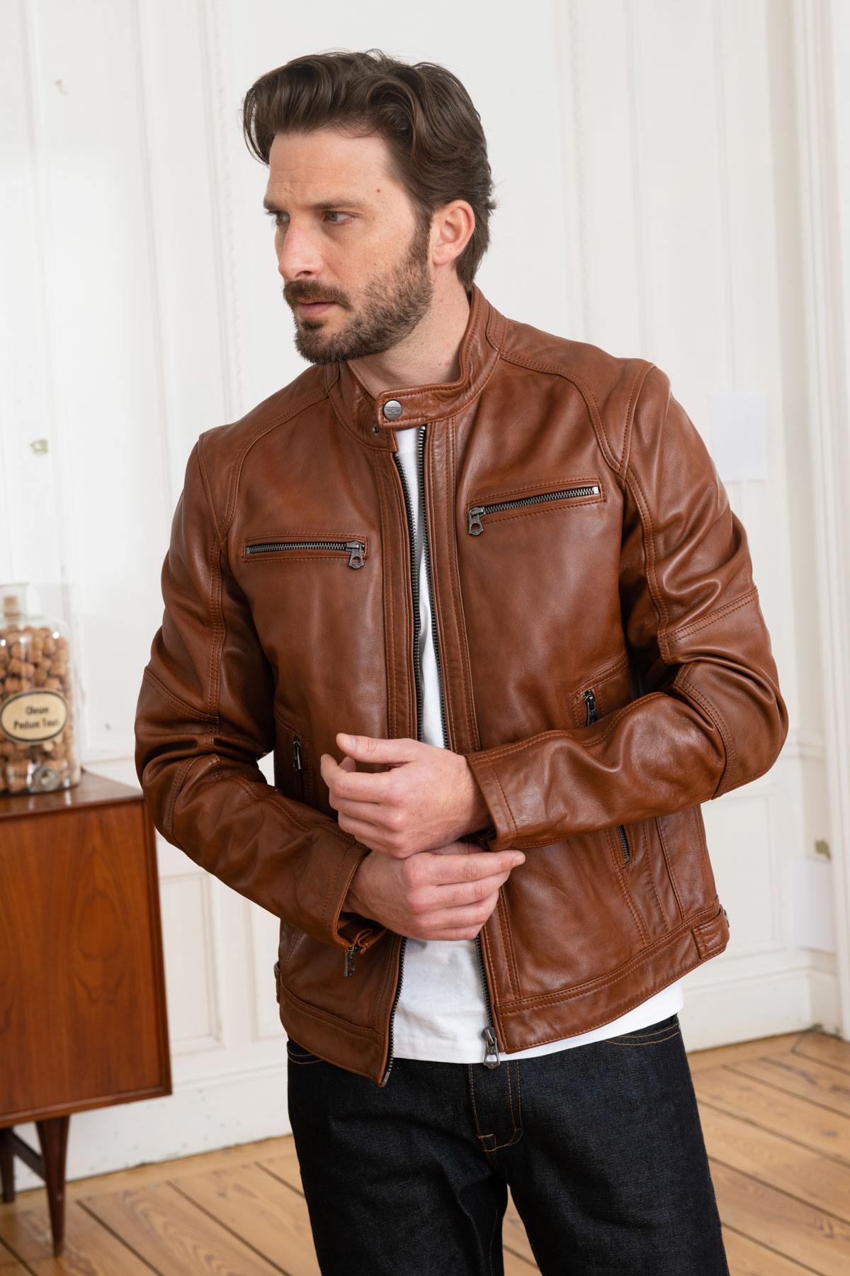 Dark cognac sheepskin leather jacket - Image n°1