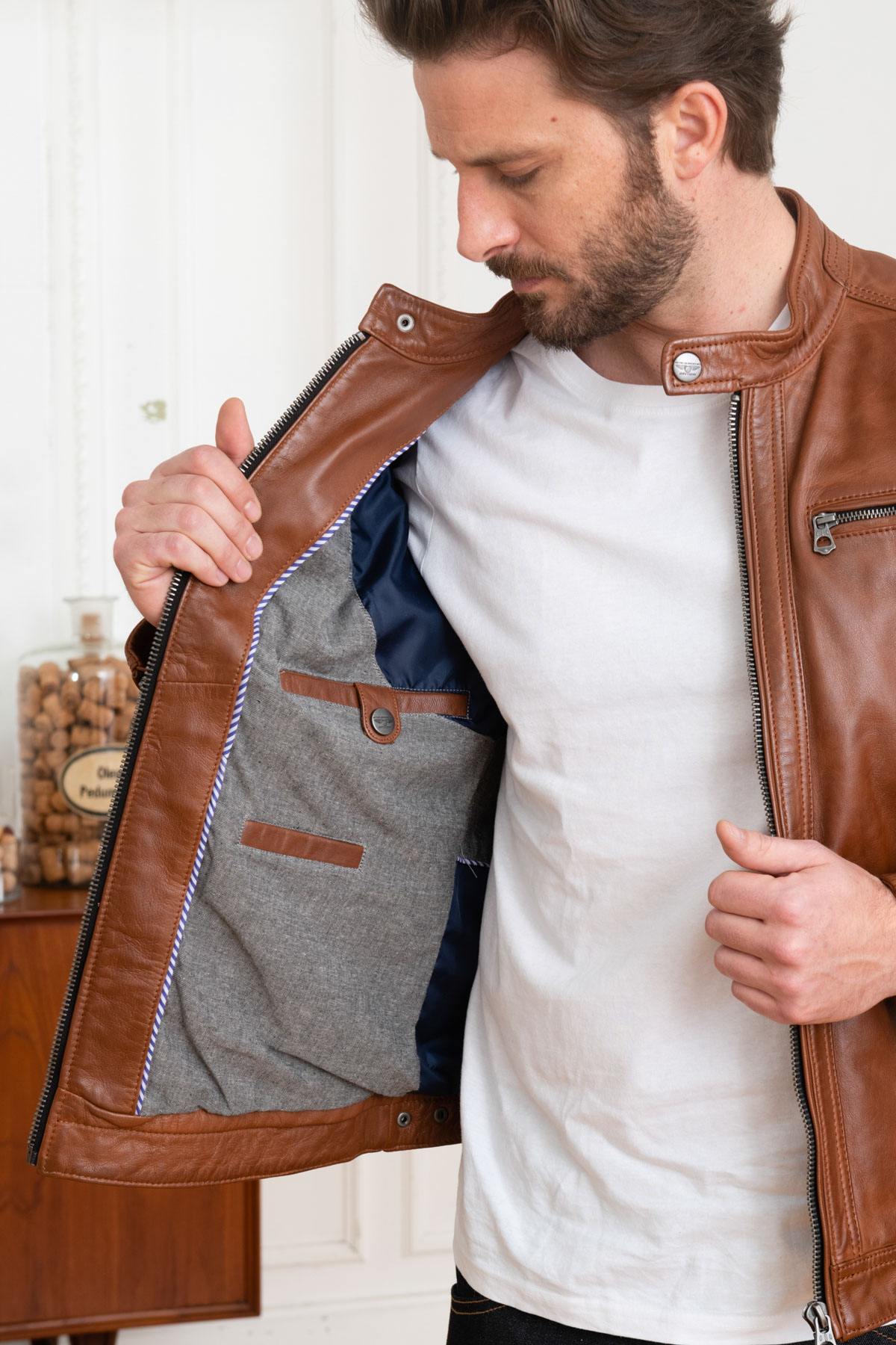 Dark cognac sheepskin leather jacket - Image n°4