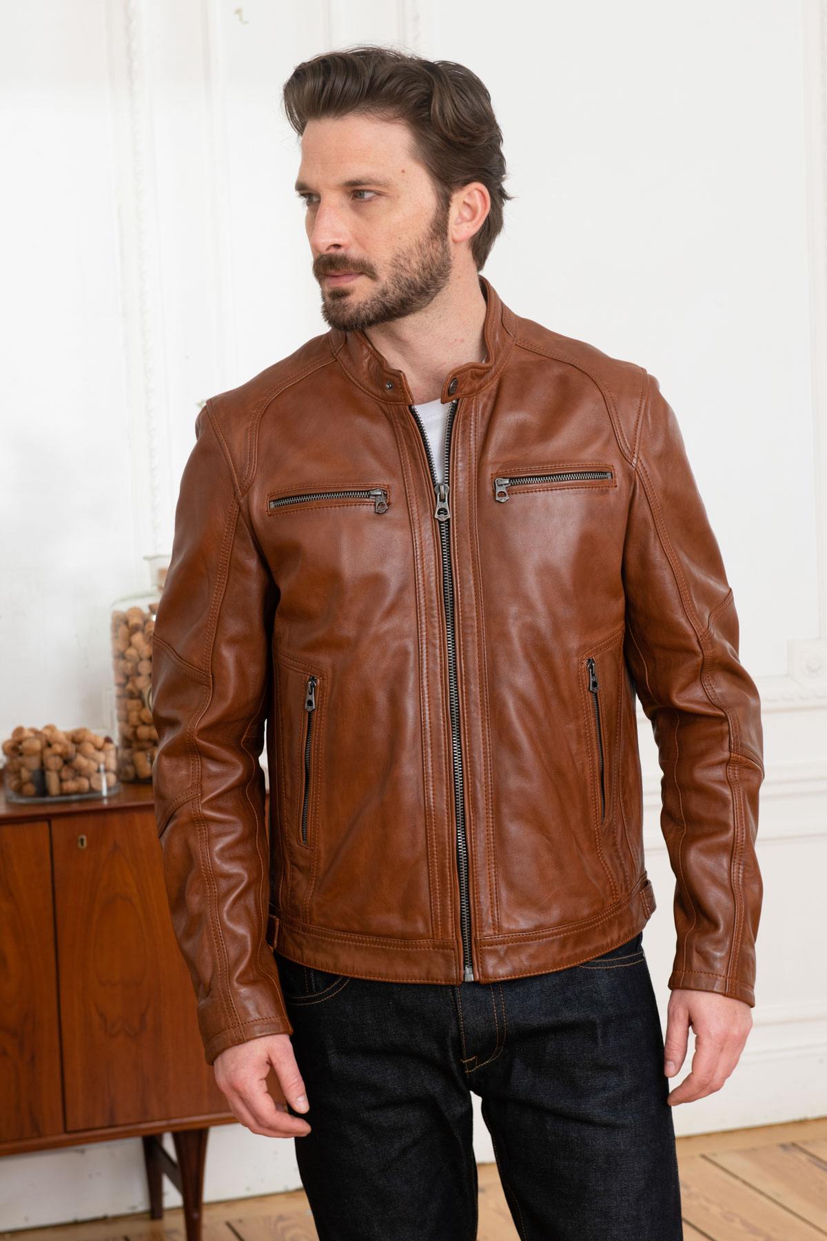 Dark cognac sheepskin leather jacket - Image n°3