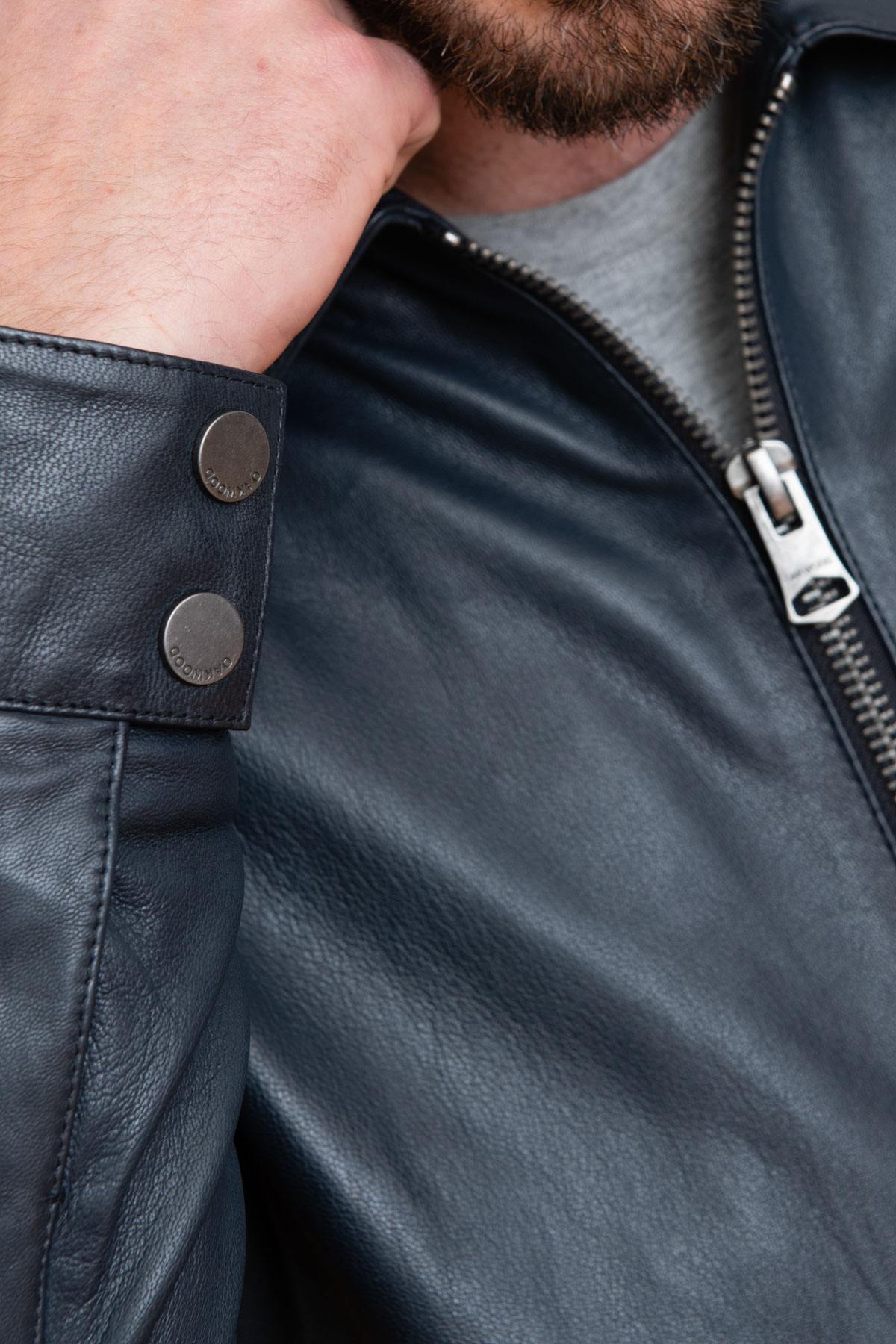 Navy blue shirt collar sheepskin leather jacket - Image n°7