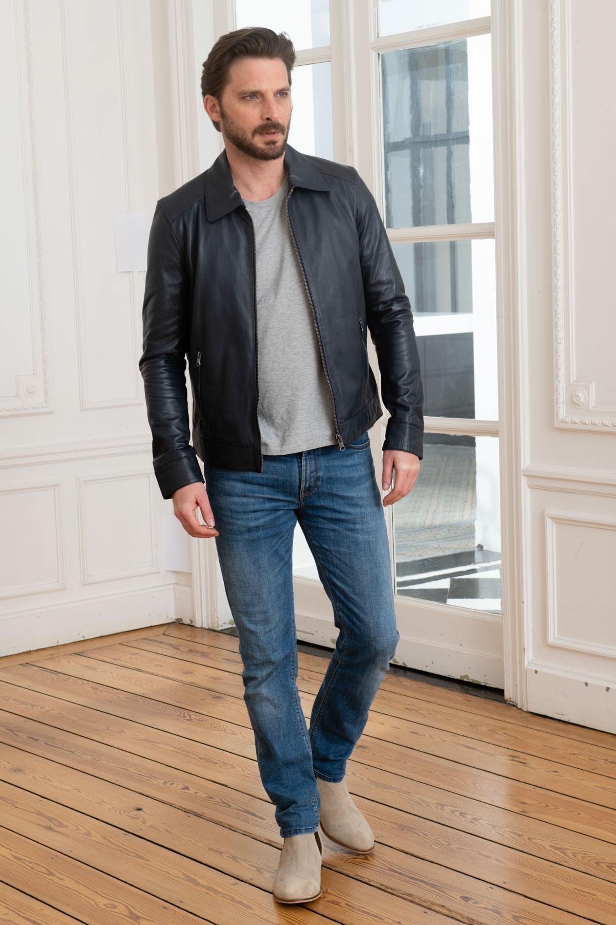 Navy blue shirt collar sheepskin leather jacket - Image n°2