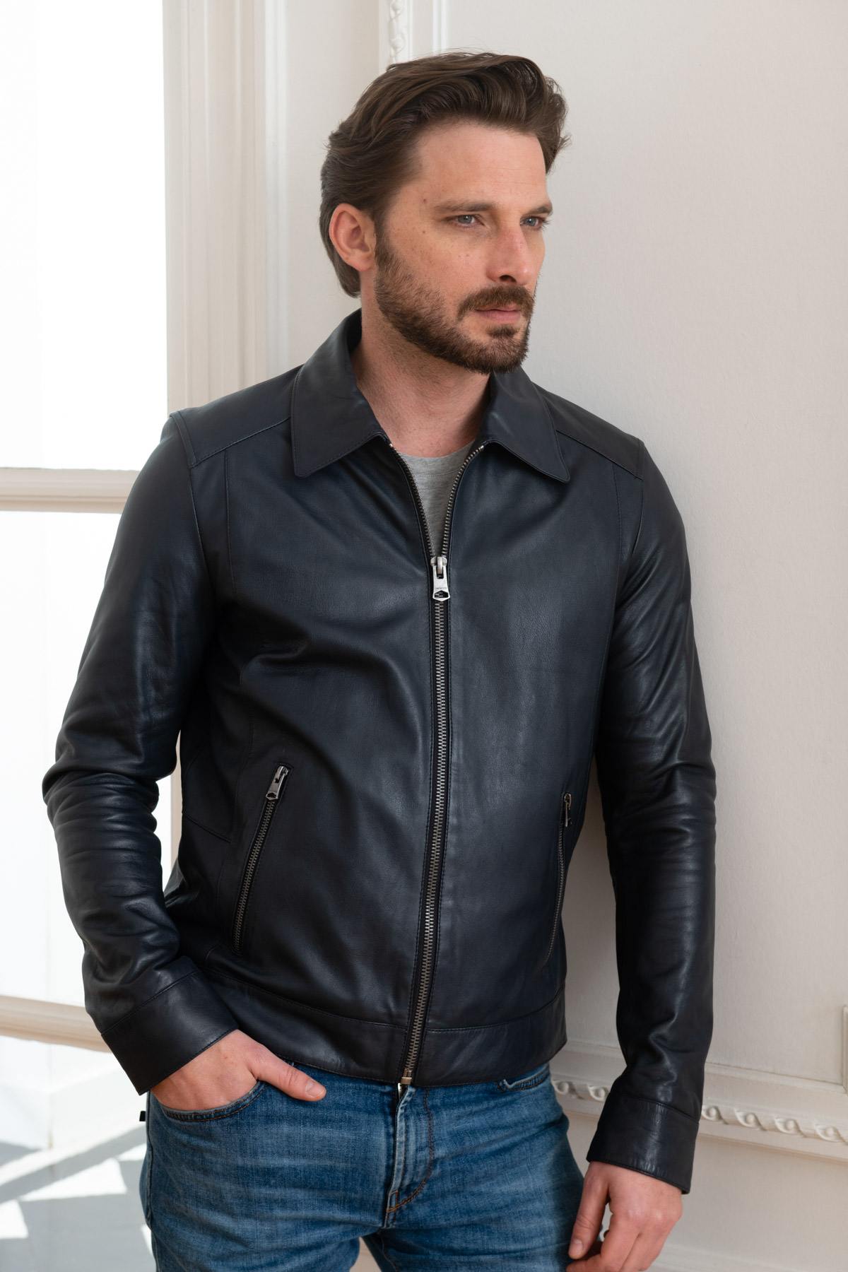 Navy blue shirt collar sheepskin leather jacket - Image n°3