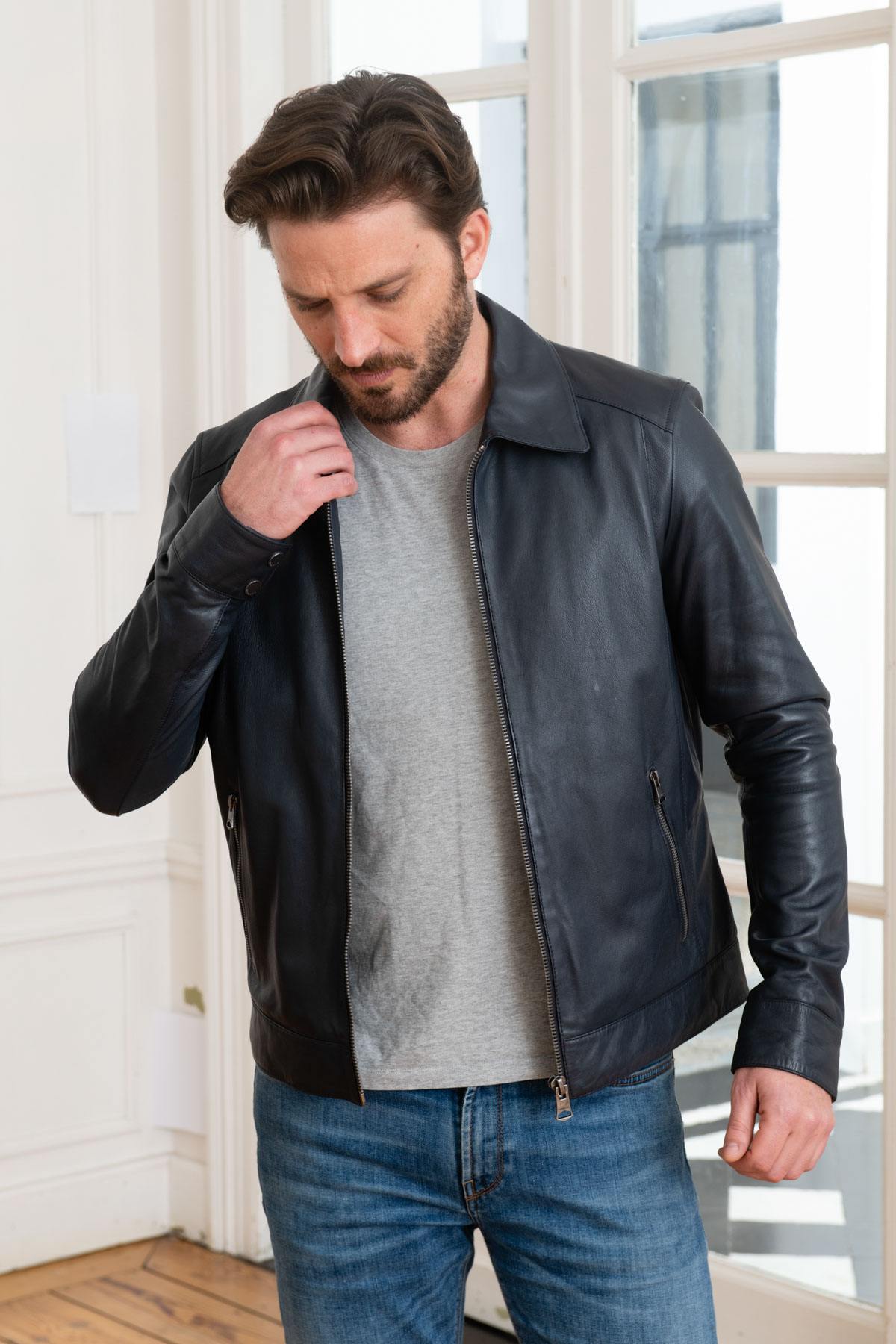 Navy blue shirt collar sheepskin leather jacket - Image n°1