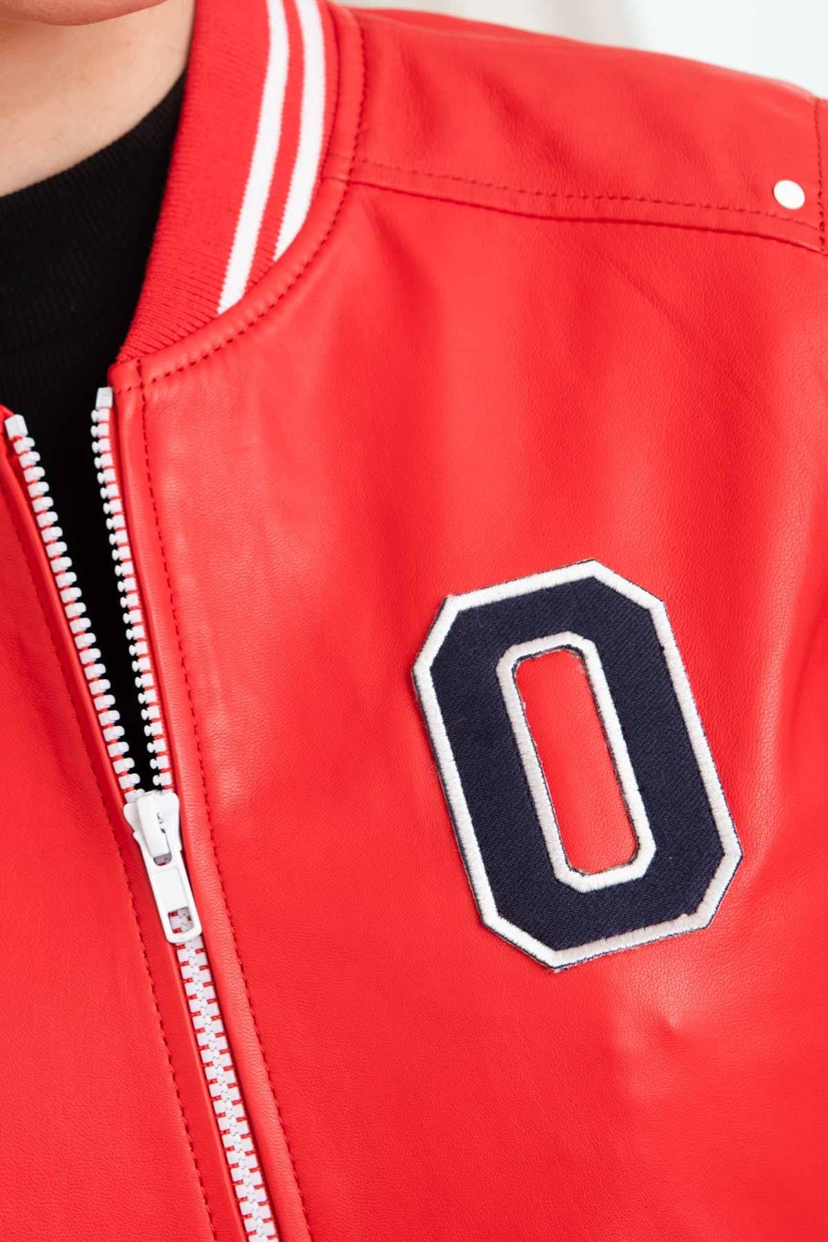 Women's red leather USA varsity jacket - Image n°8