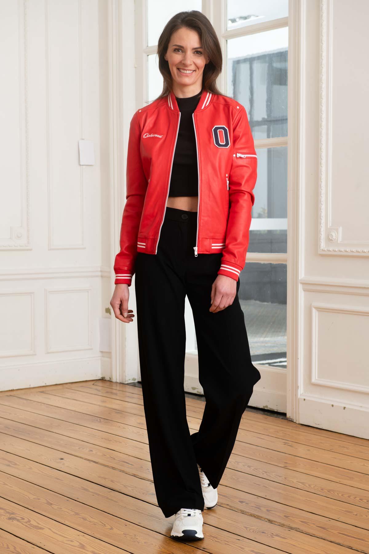 Women's red leather USA varsity jacket - Image n°3