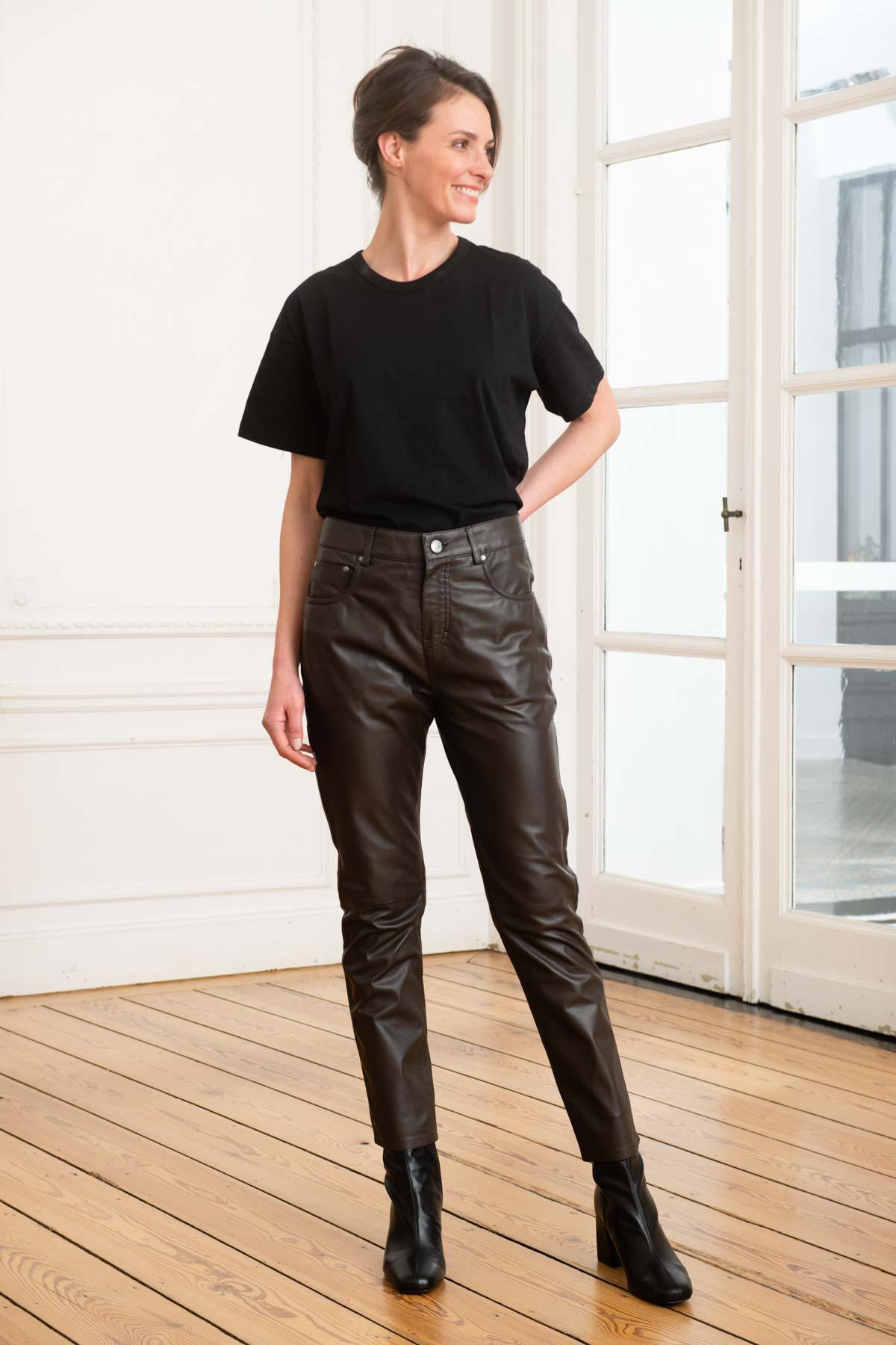 Women's dark brown leather pants - Image n°2