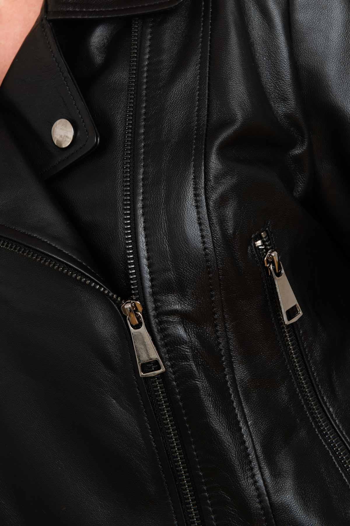 Women's black leather jacket with perfecto collar - Image n°7