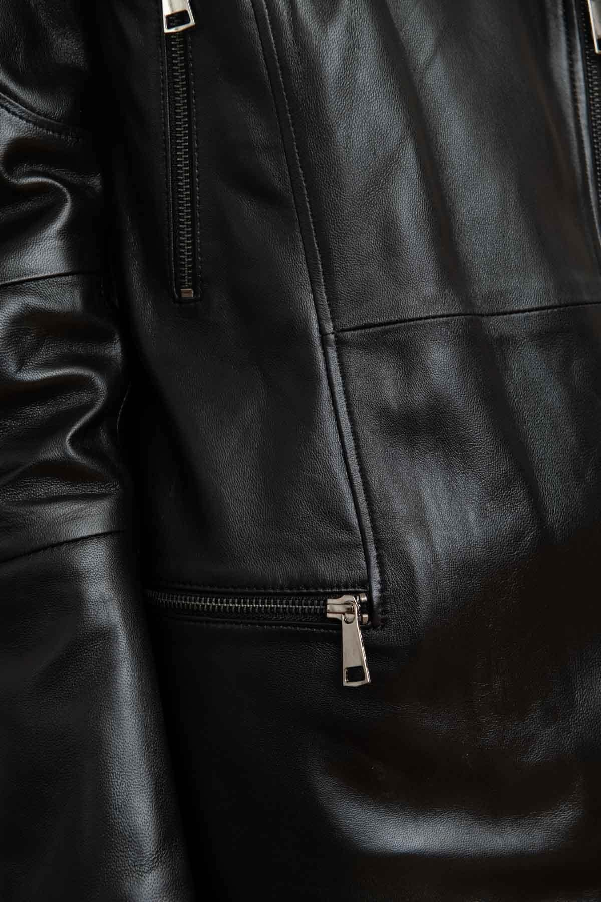 Women's black leather jacket with perfecto collar - Image n°8