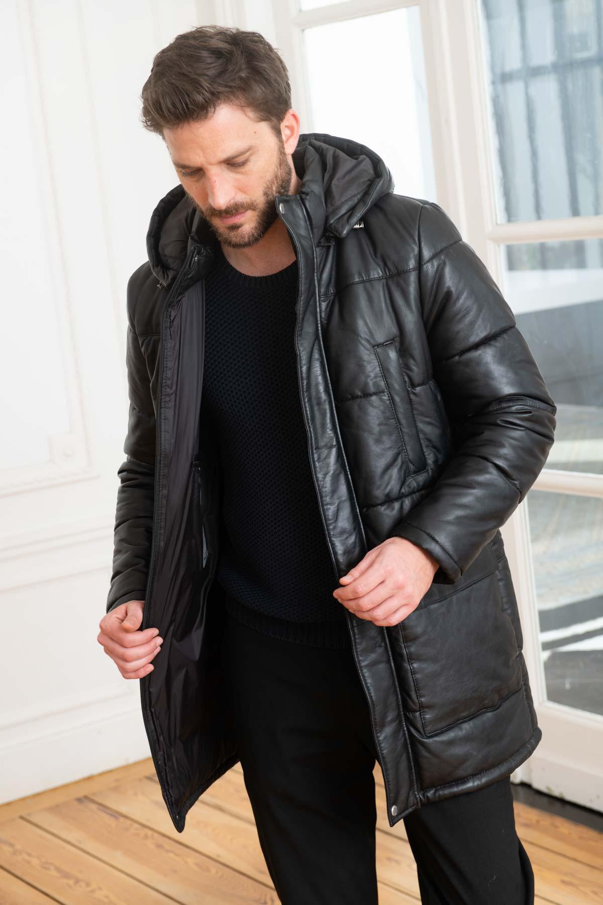 Black leather down jacket - Image n°1