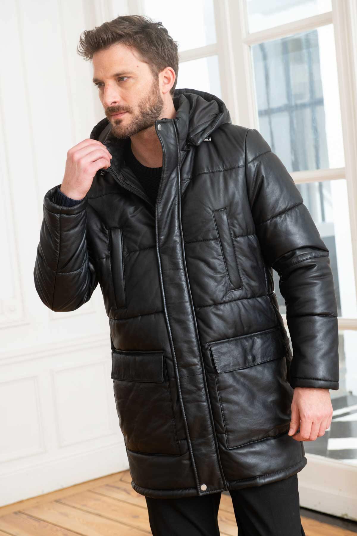 Black leather down jacket - Image n°4