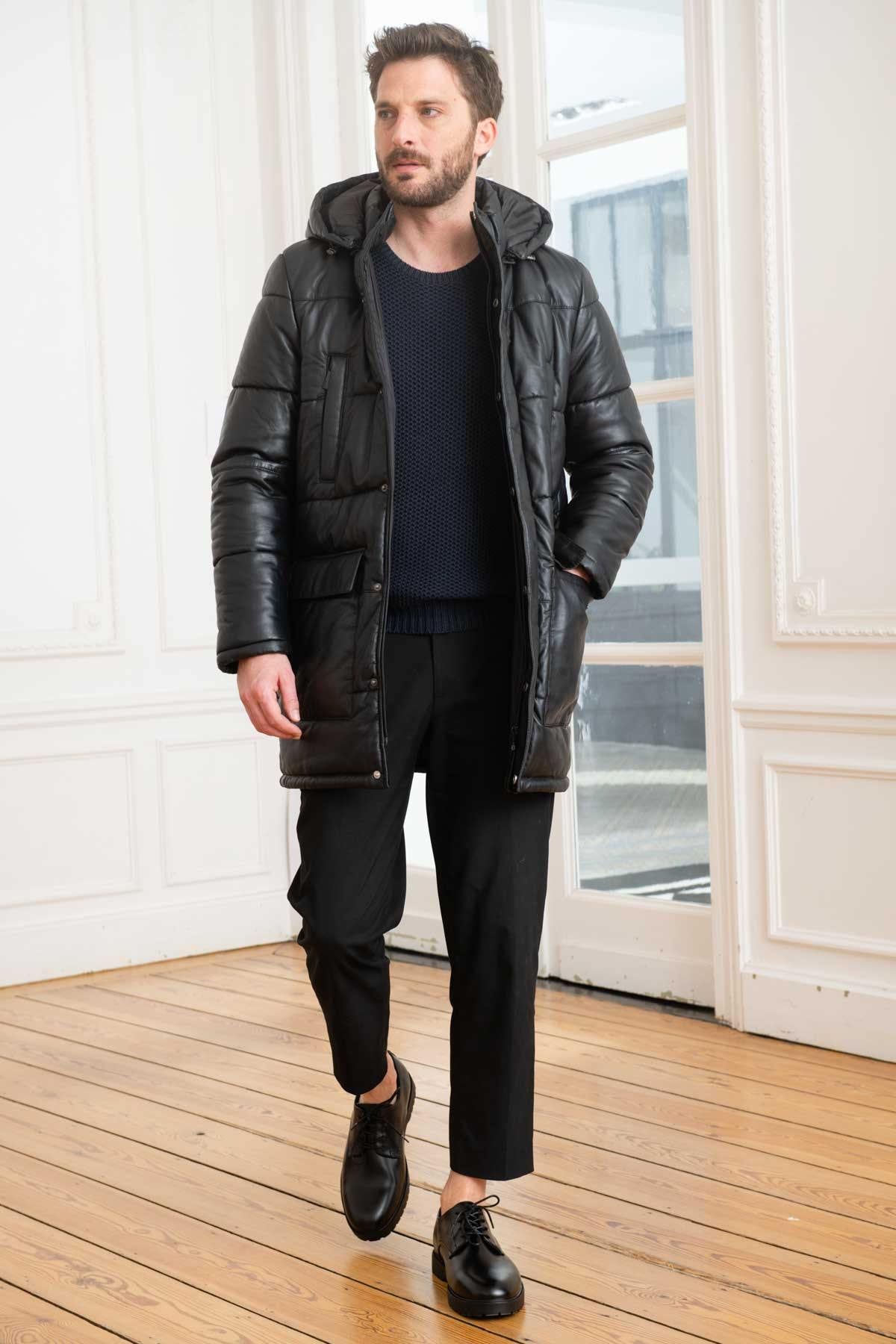 Black leather down jacket - Image n°2