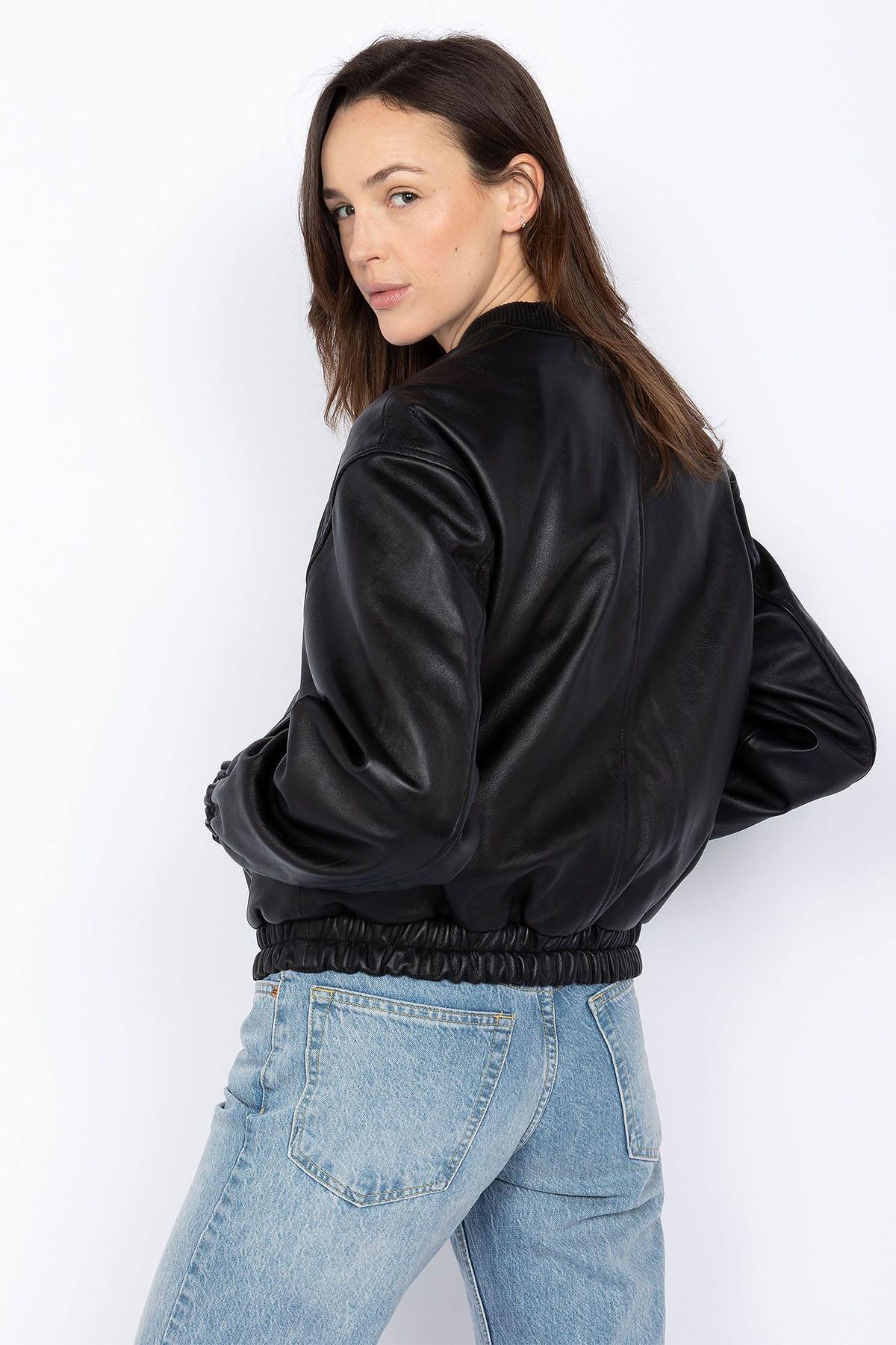 Women's black leather bomber jacket - Image n°4