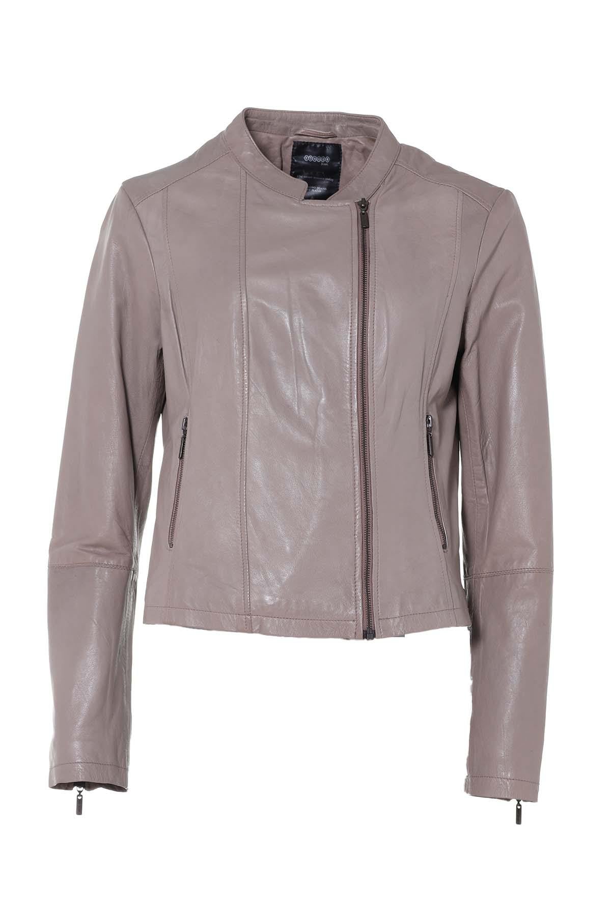 Women's beige leather jacket - Image n°1