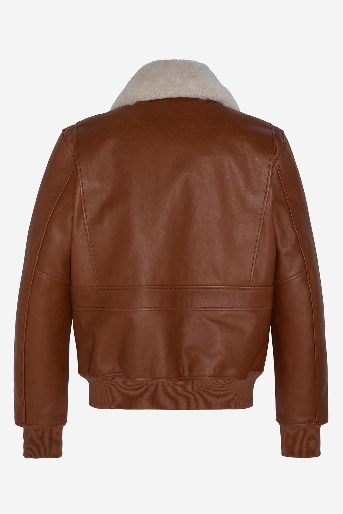 Cognac leather bomber jacket for men - Image n°8