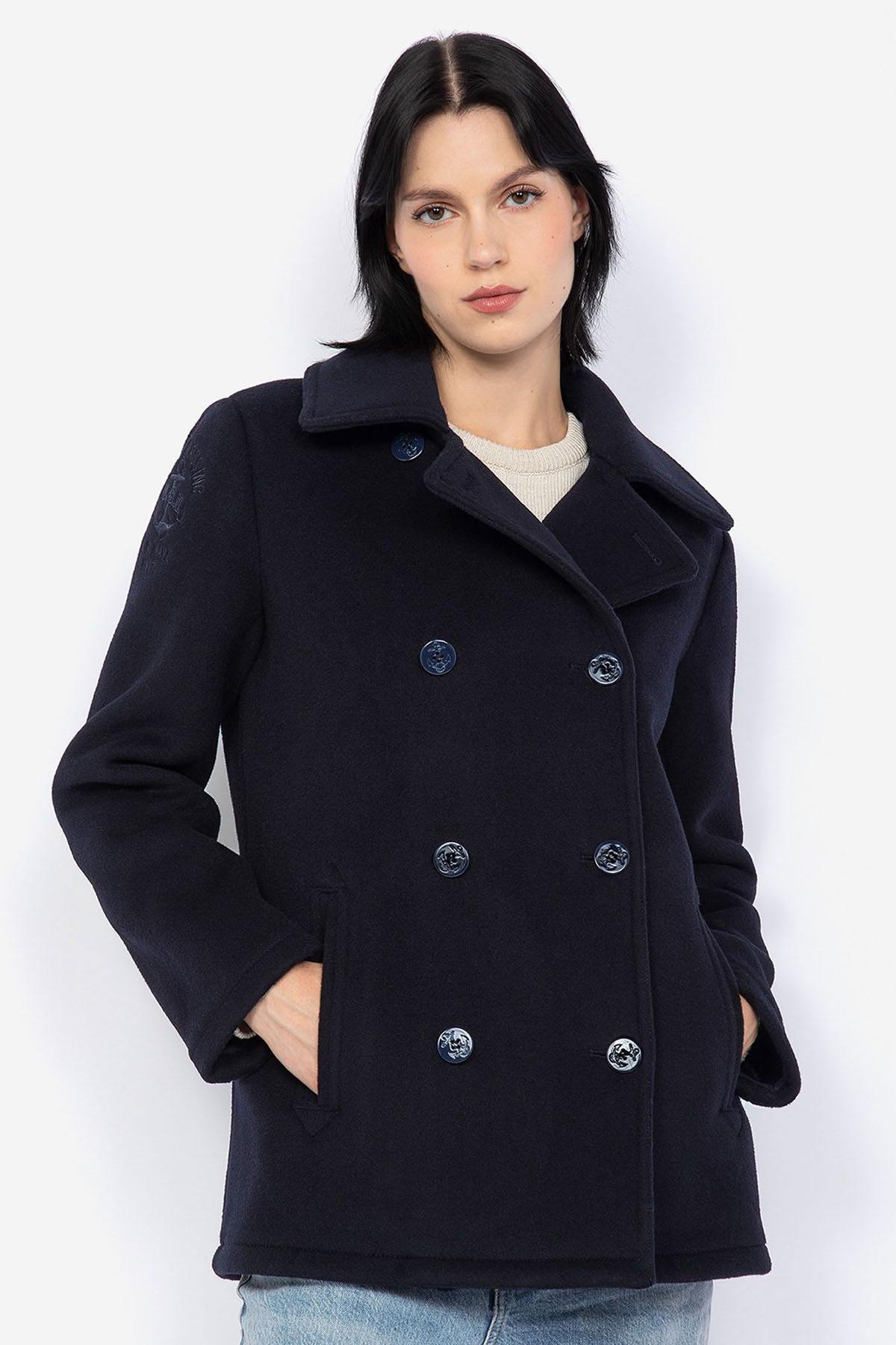 Women's navy blue wool peacoat - Image n°1