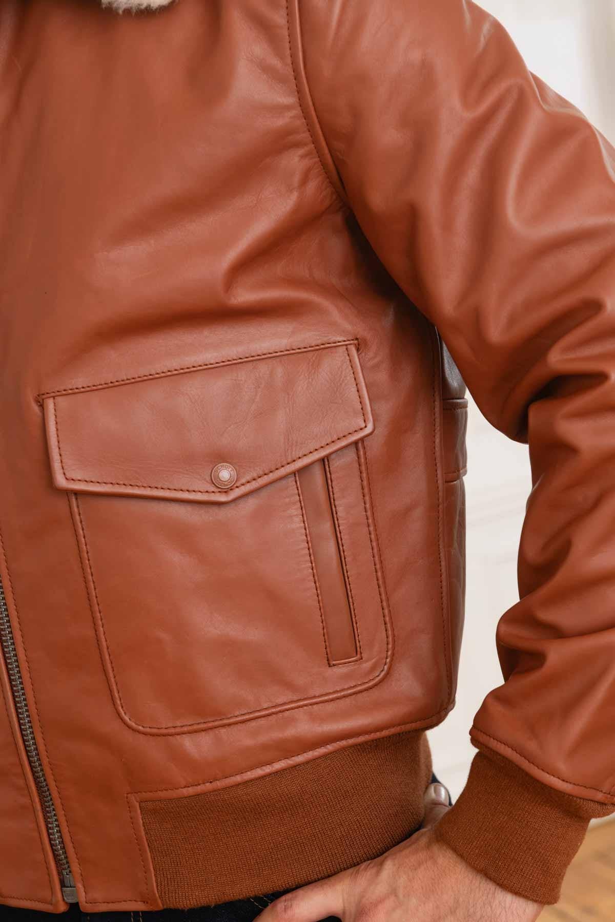 Cognac leather bomber jacket for men - Image n°6