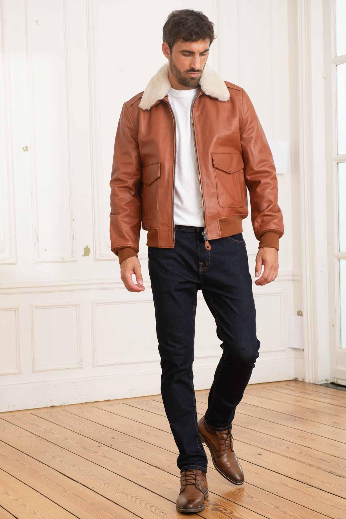 Cognac leather bomber jacket for men - Image n°2