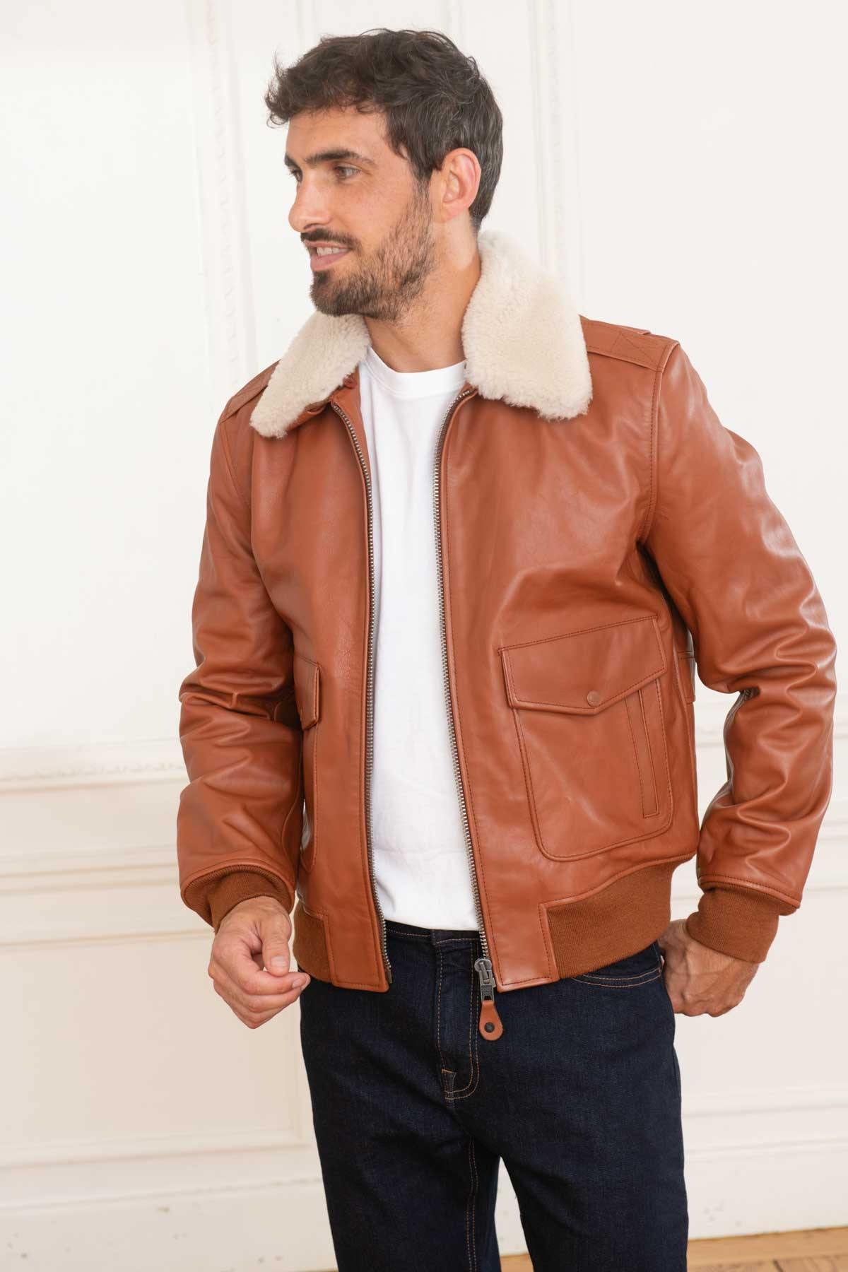 Cognac leather bomber jacket for men - Image n°1