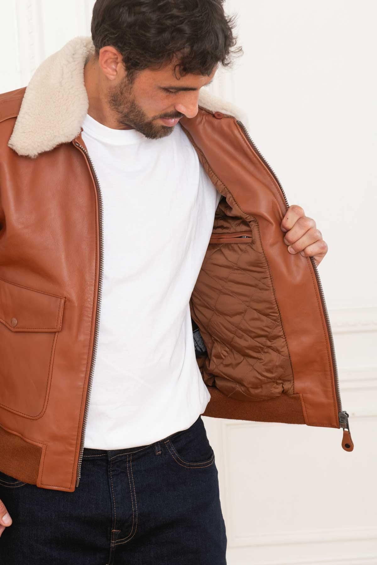 Cognac leather bomber jacket for men - Image n°3