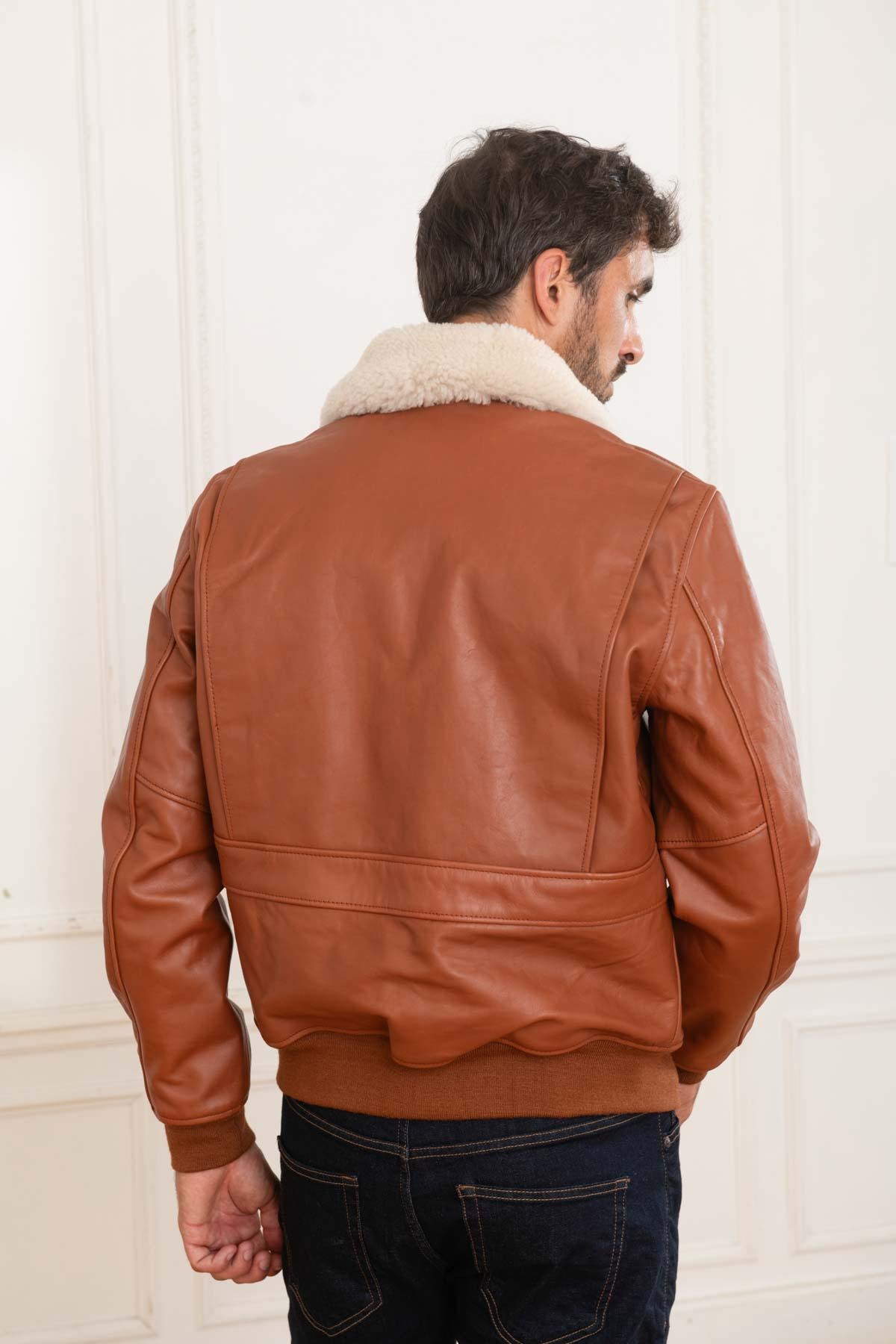 Cognac leather bomber jacket for men - Image n°4