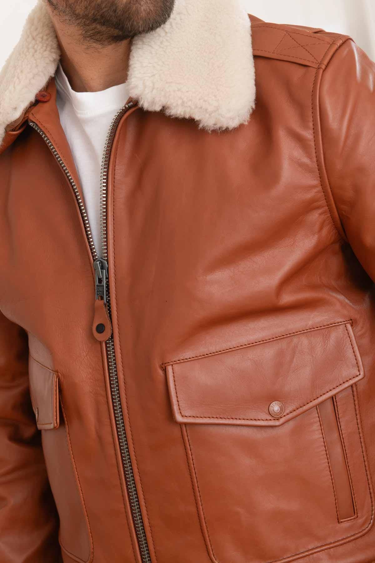 Cognac leather bomber jacket for men - Image n°5