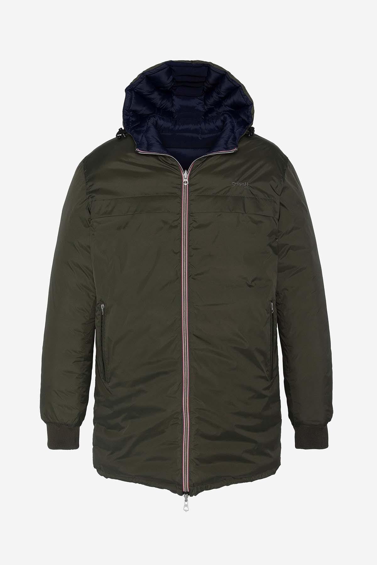 Reversible khaki and navy nylon down jacket - Image n°1