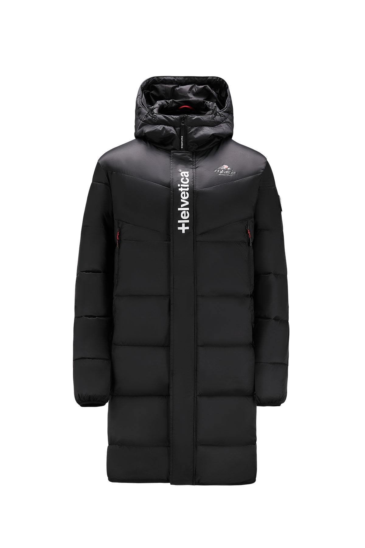 Long hooded down jacket in black nylon - Image n°1