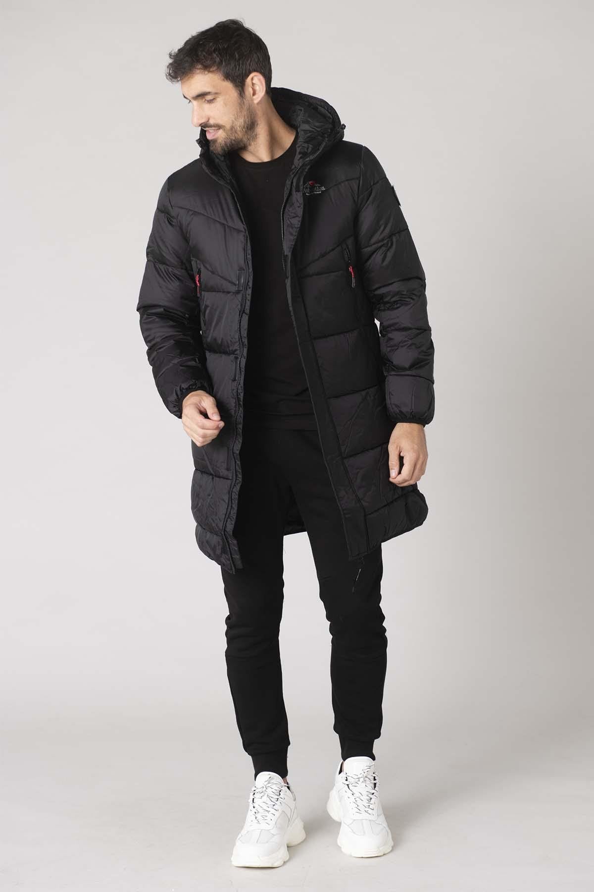 Long hooded down jacket in black nylon - Image n°2