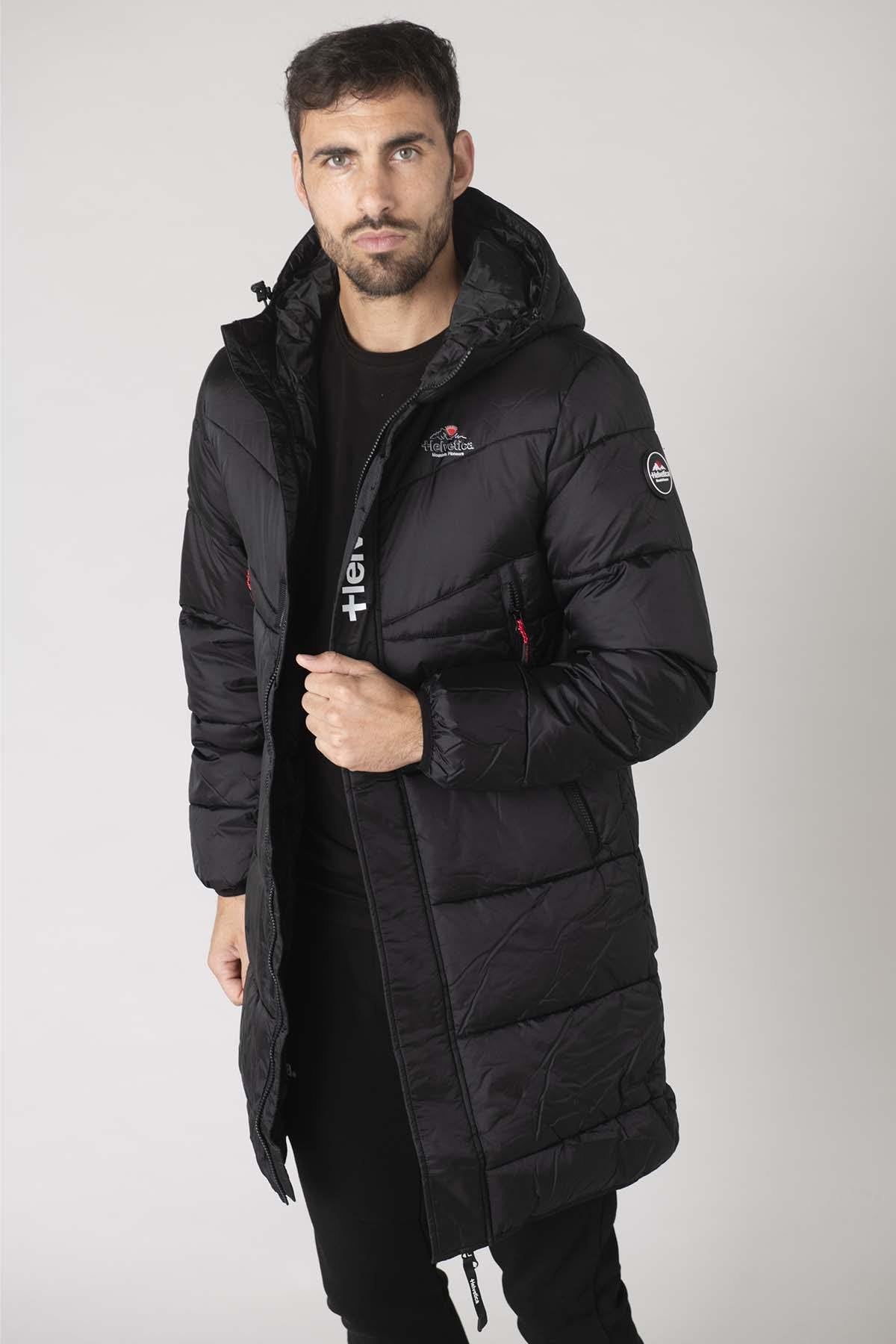 Long hooded down jacket in black nylon - Image n°7