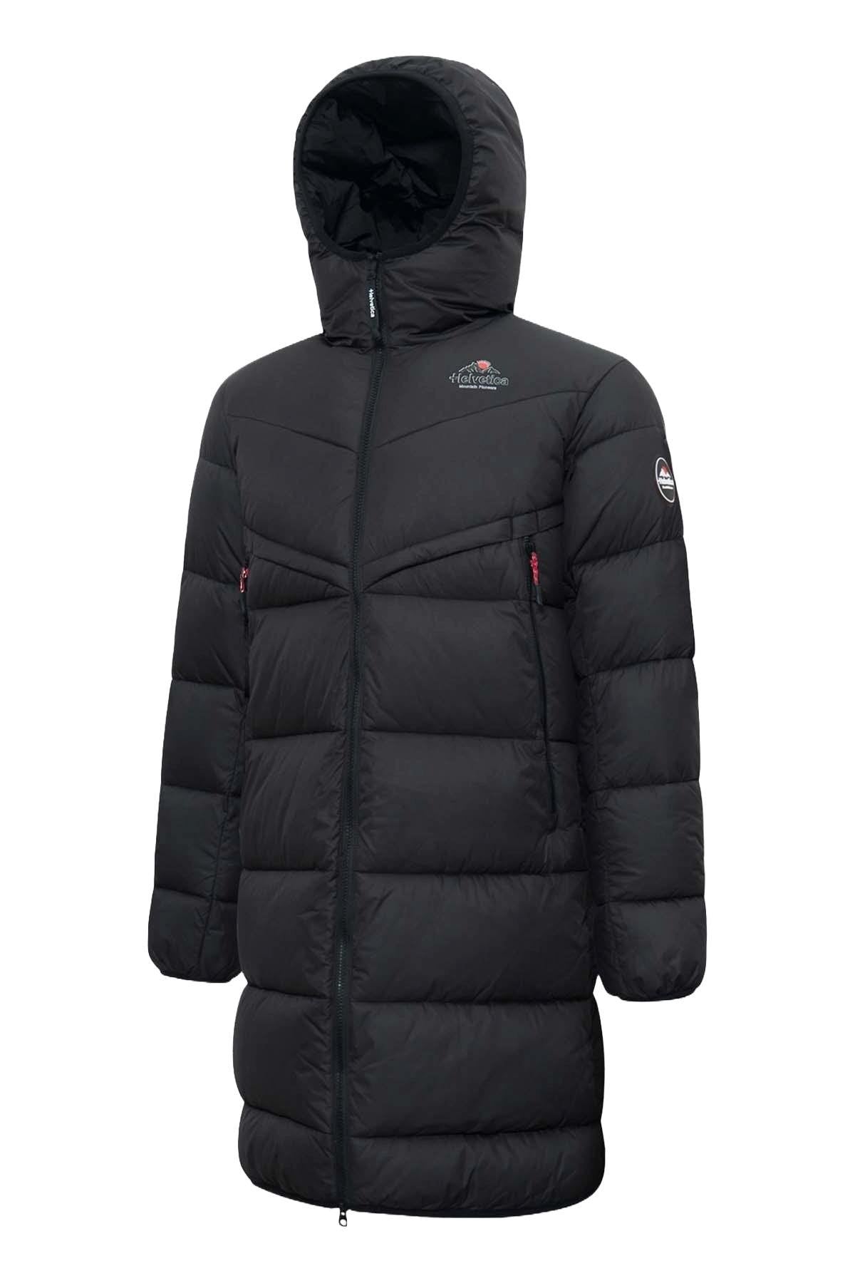 Long down jacket with black hood - Image n°2