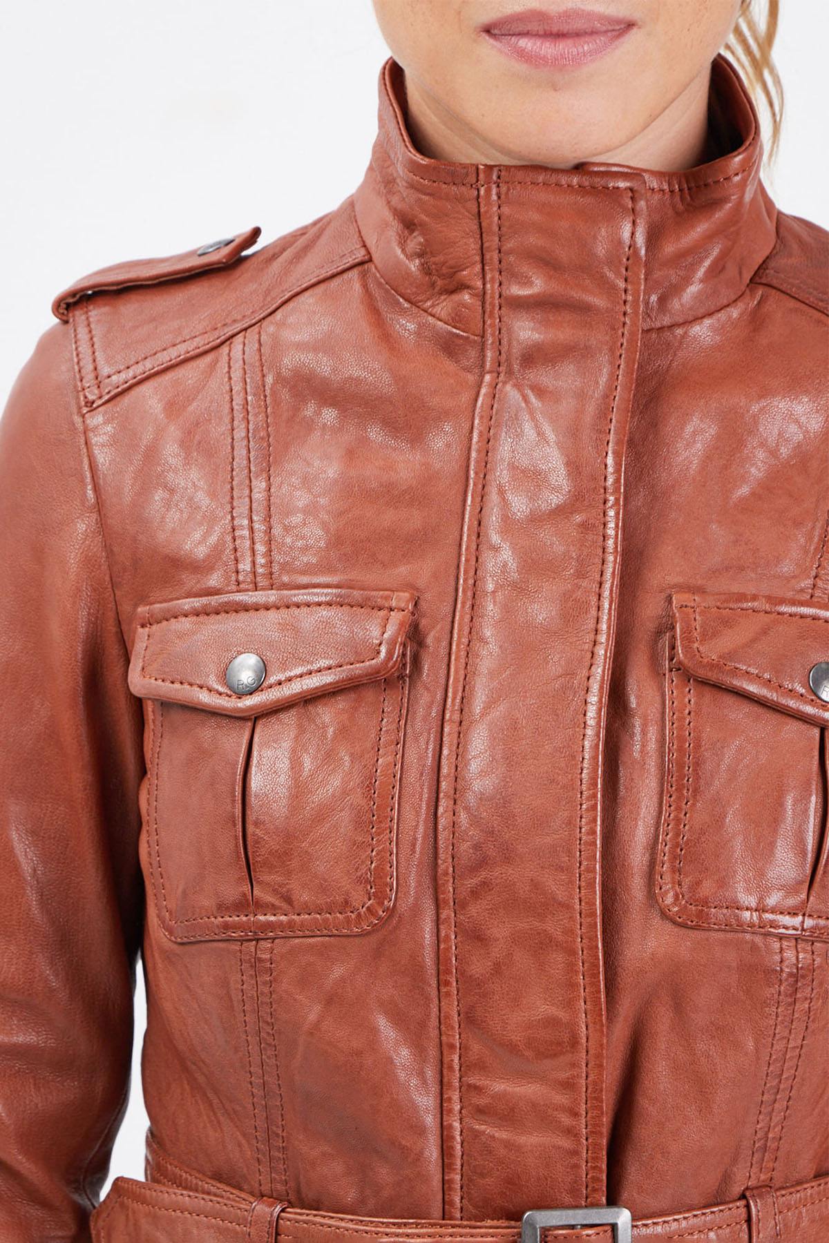 Women's mid-length cognac leather jacket - Image n°6